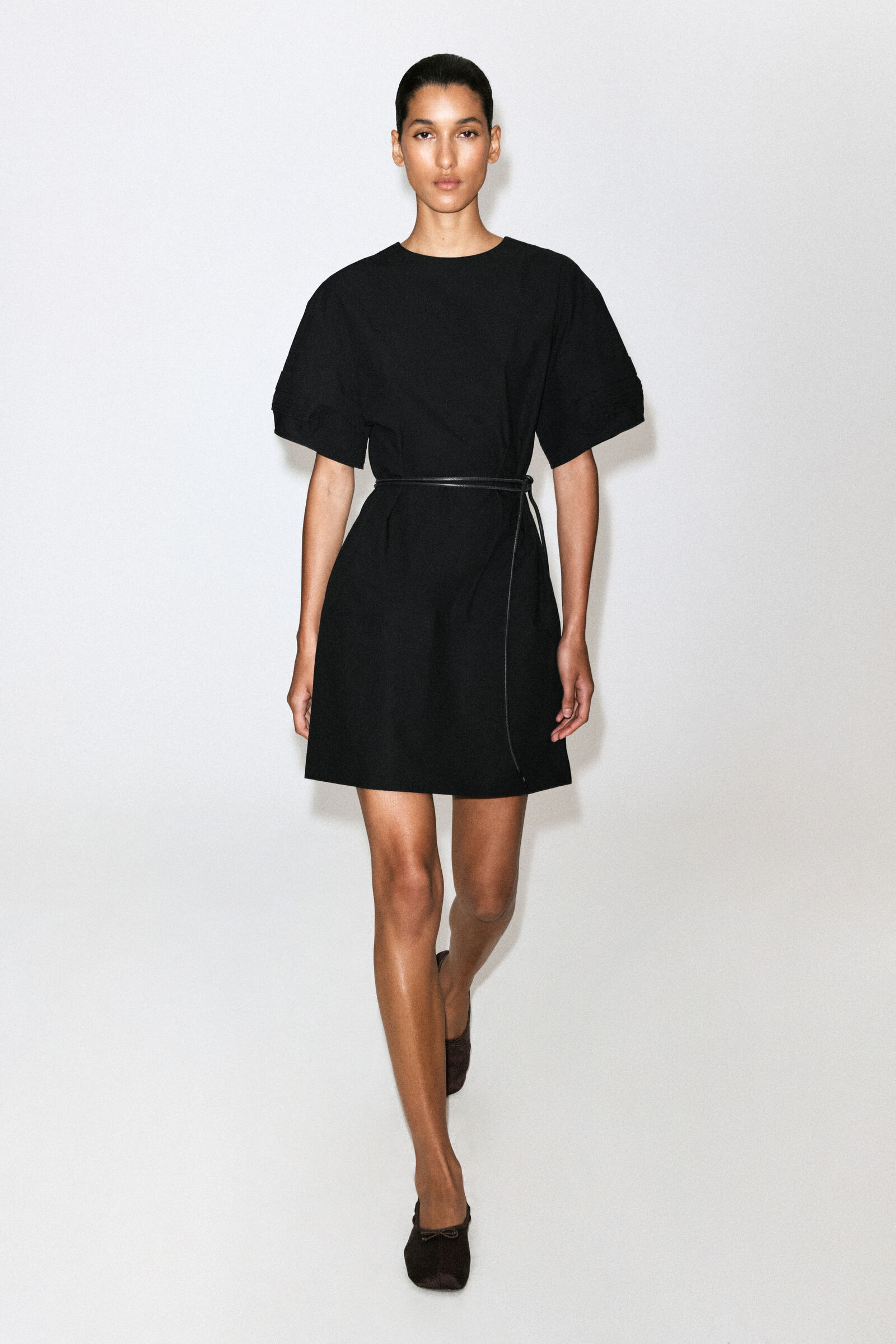 PINTUCKED COTTON MINI DRESSBLACK