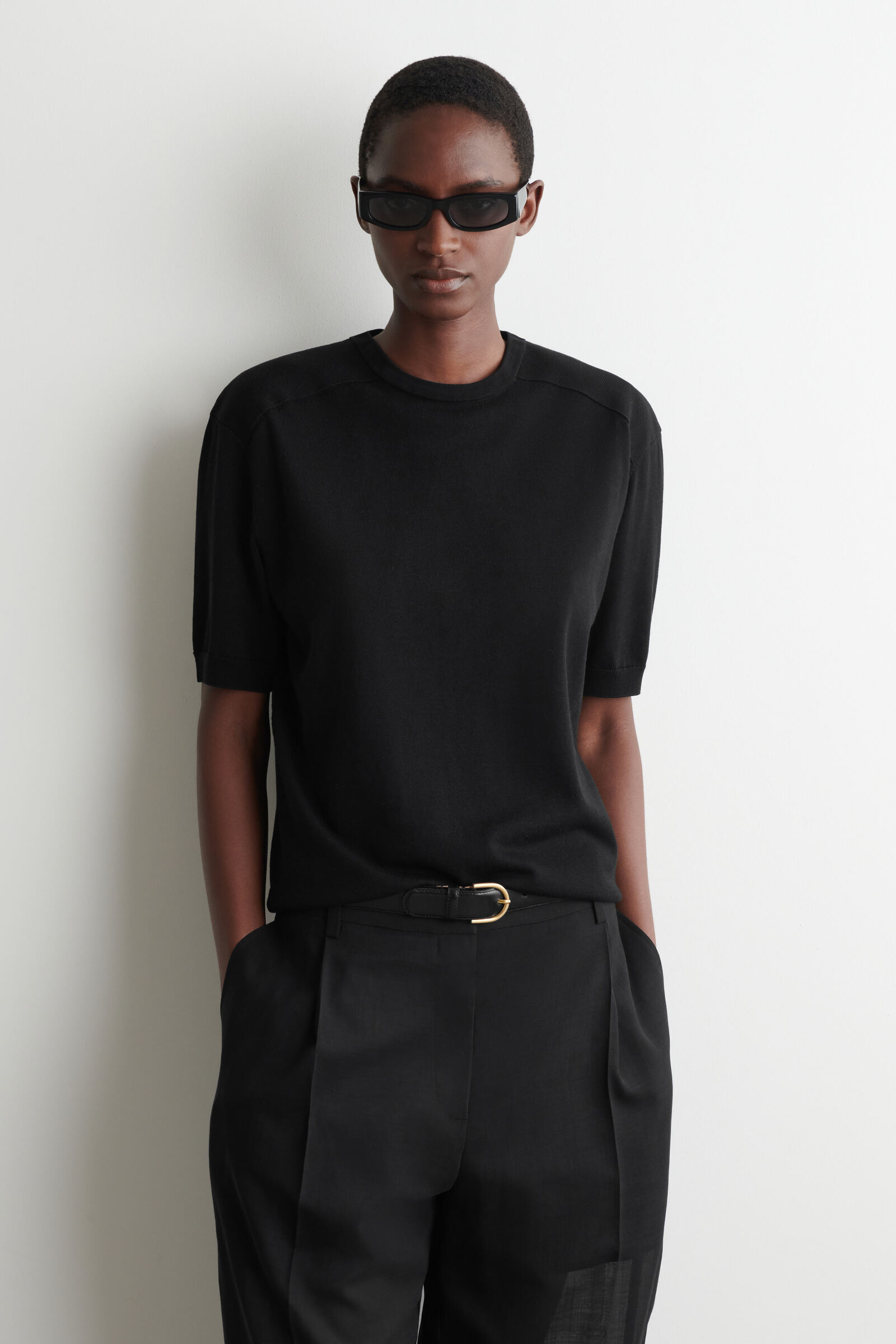 SCULPTED-SHOULDER SILK-COTTON T-SHIRTBLACK