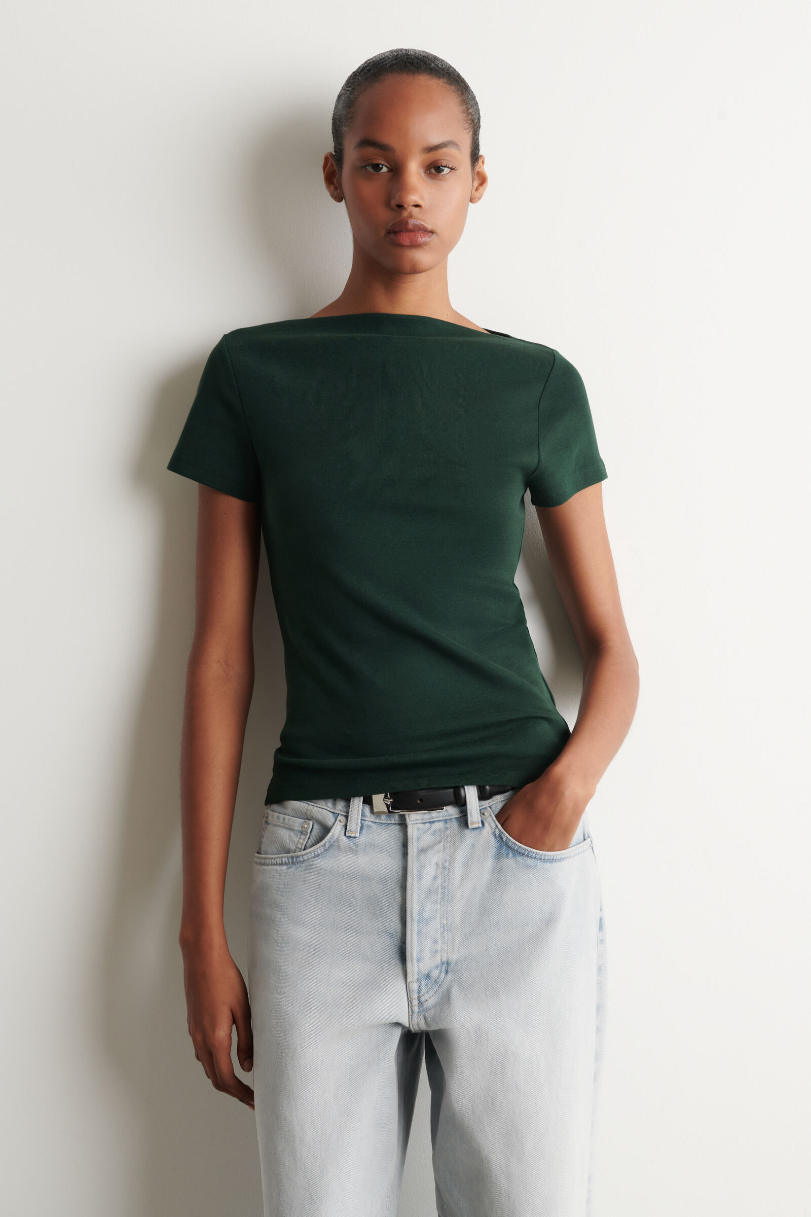 SLIM BOAT-NECK COTTON T-SHIRTDARK GREEN