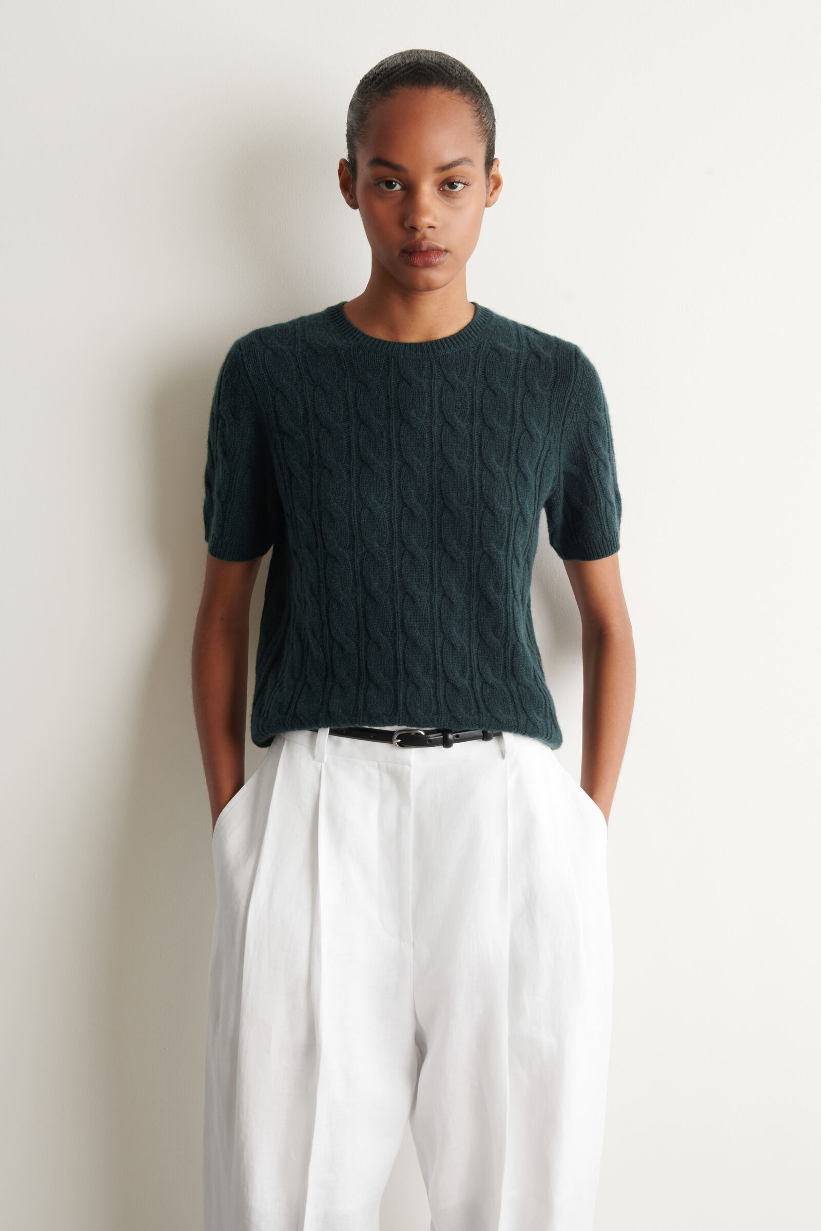 CABLE-KNIT CASHMERE T-SHIRTDARK GREEN