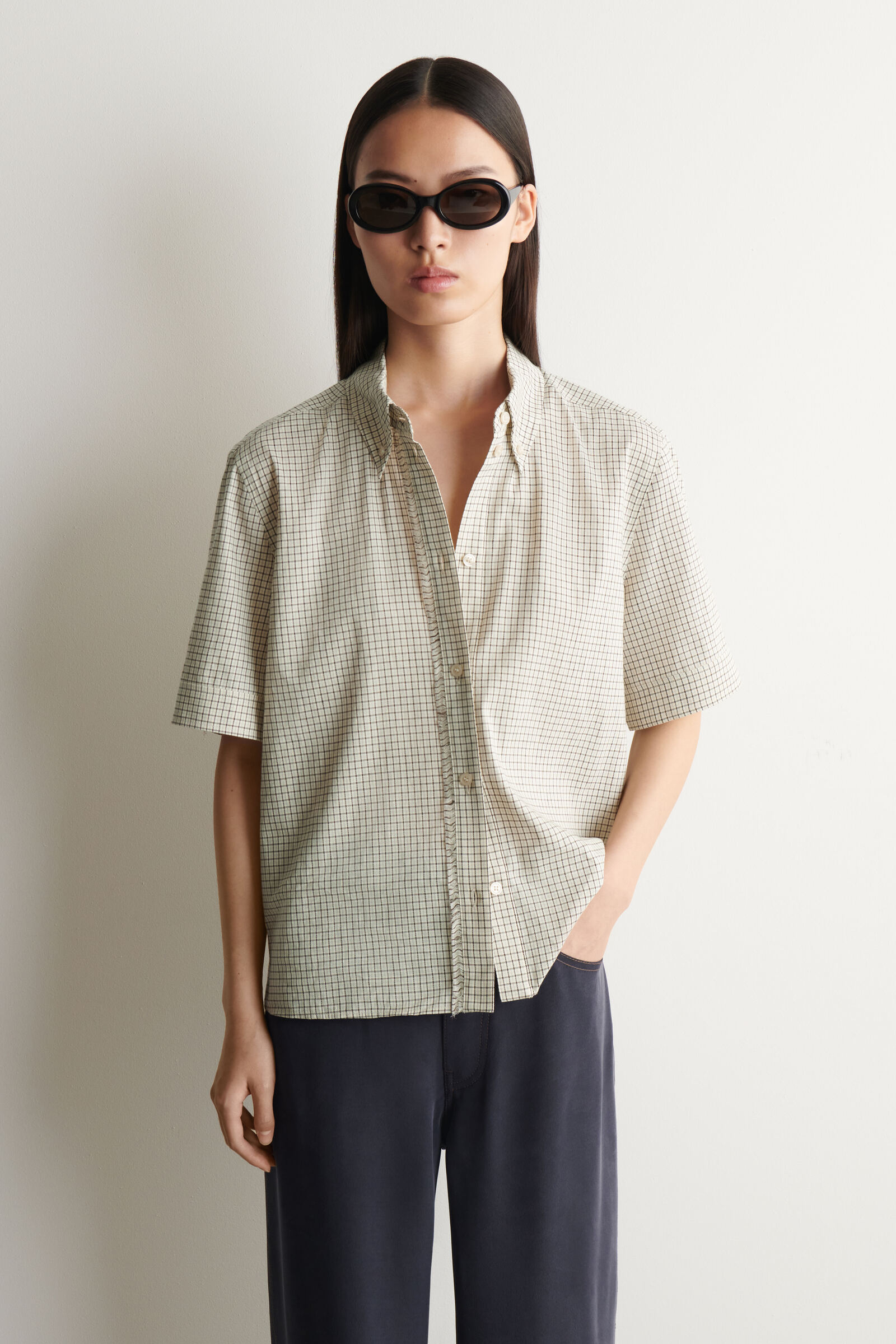 FRINGED CHECKED LINEN-COTTON SHIRTBEIGE / CHECKED