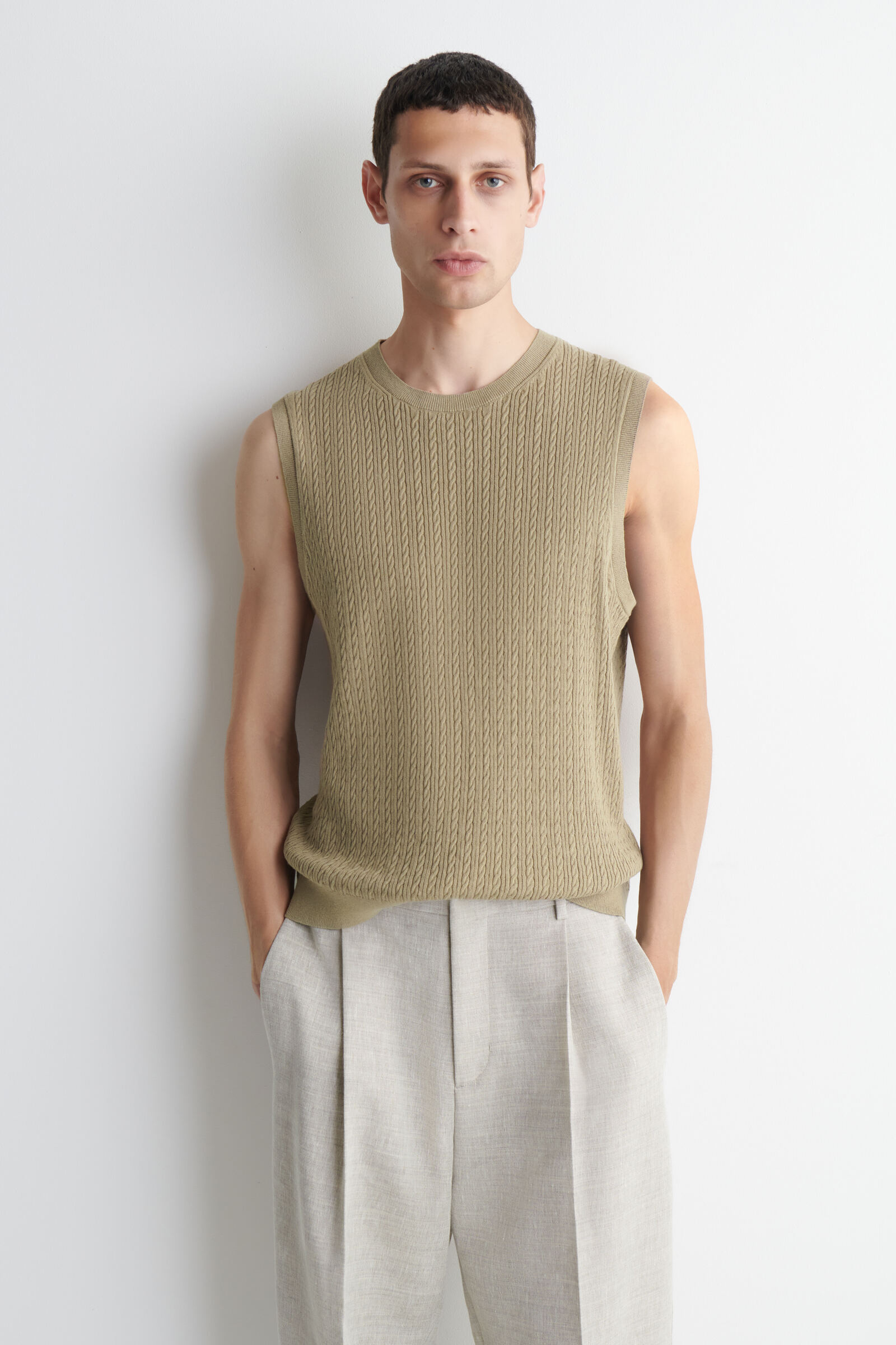 CABLE-KNIT COTTON-LINEN TANK TOPBEIGE