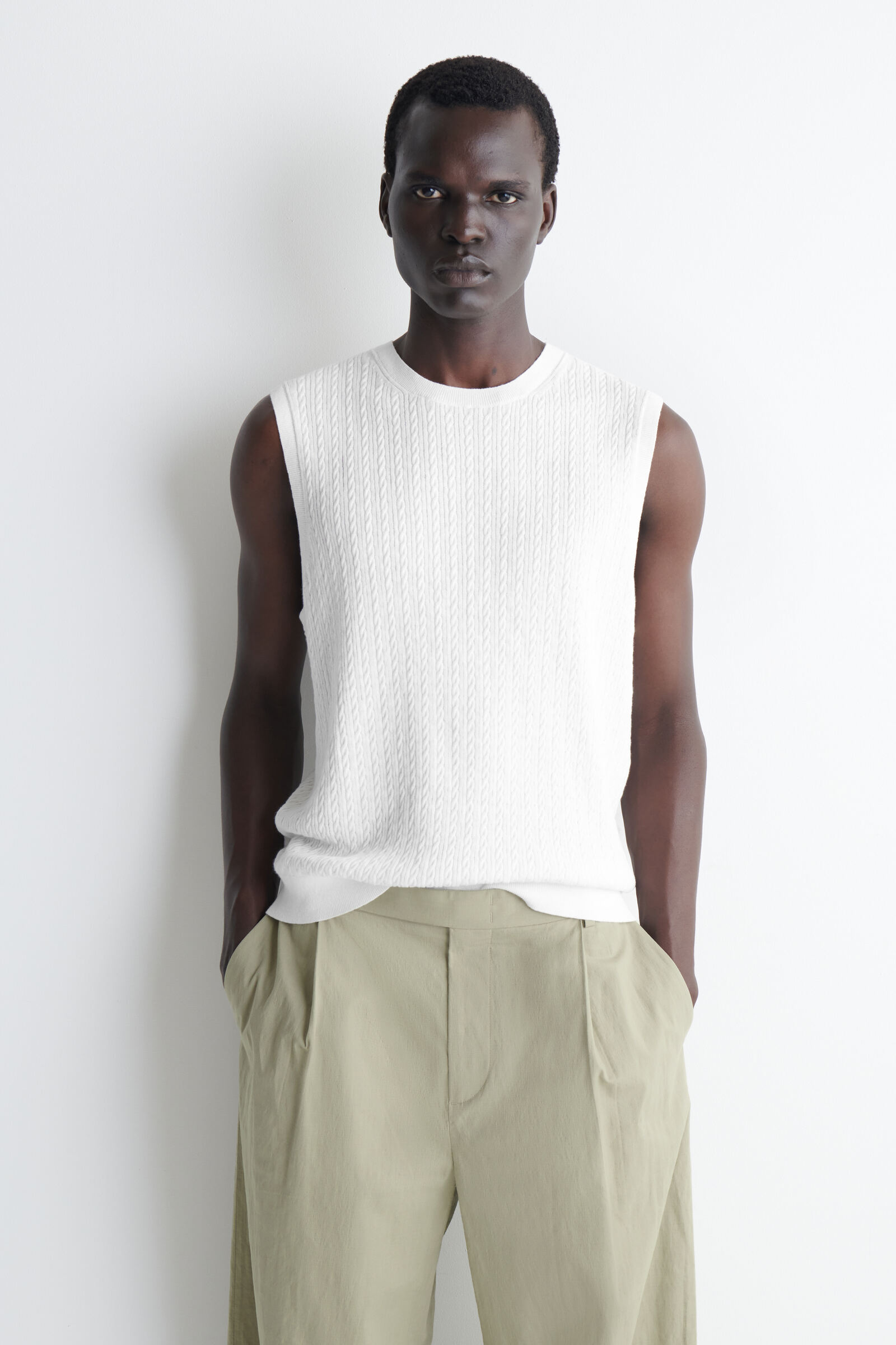 CABLE-KNIT COTTON-LINEN TANK TOPWHITE