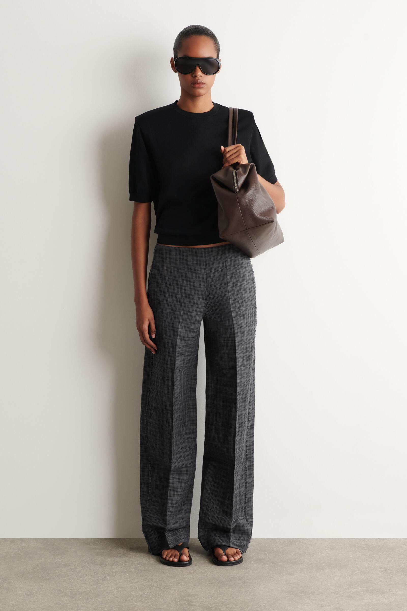 FRINGED CHECKED LINEN-COTTON TROUSERSGREY / BROWN / CHECKED