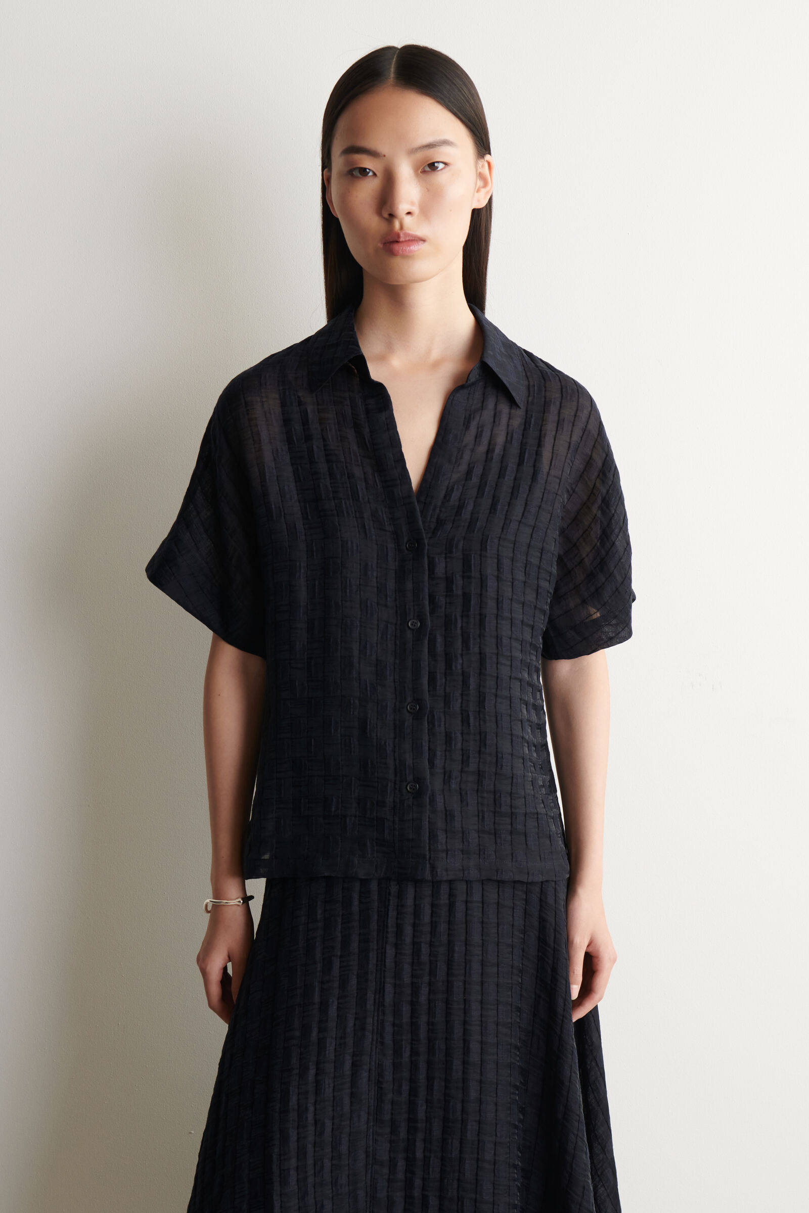POLKA-DOT LINEN-BLEND JACQUARD SHIRTNAVY