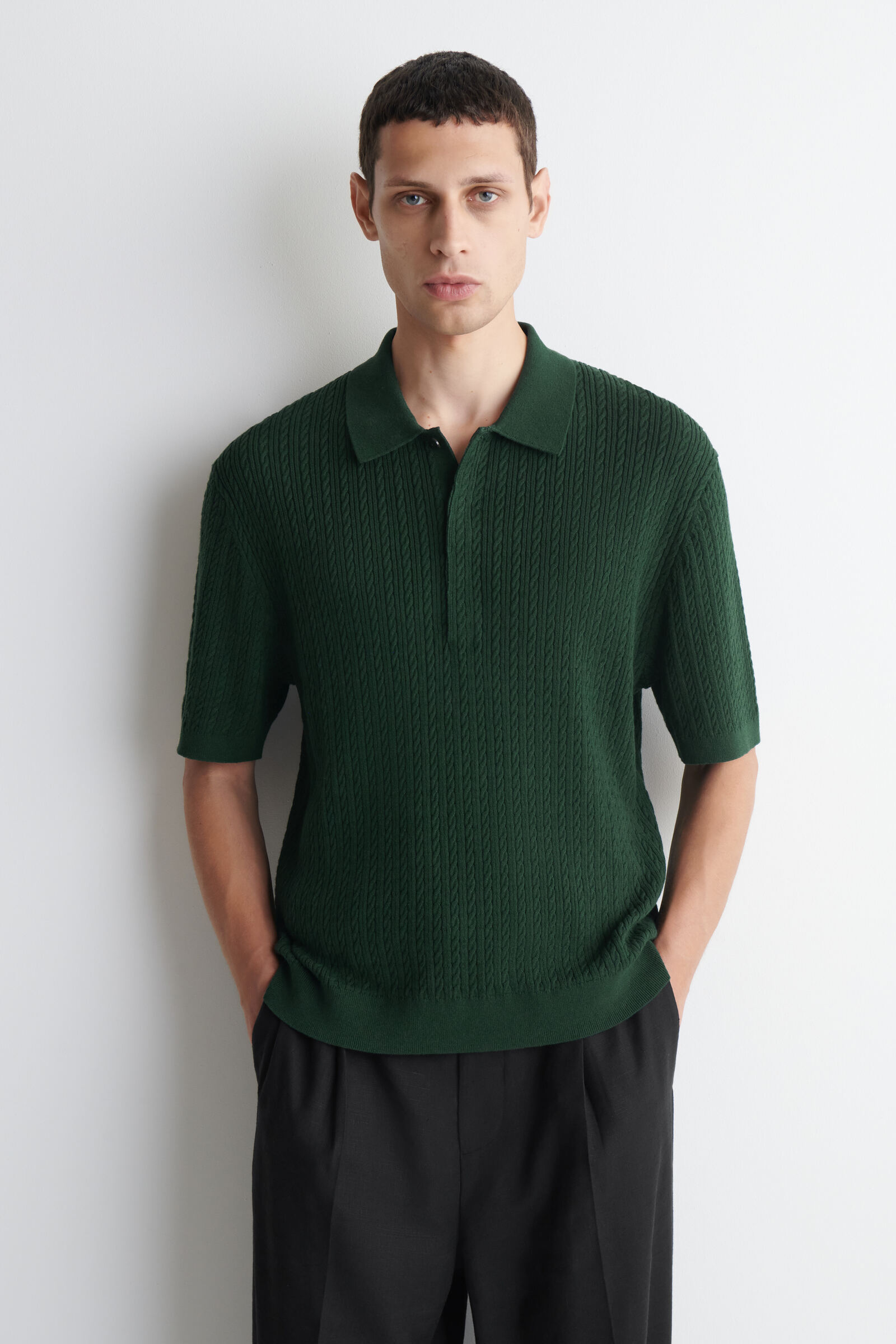 CABLE-KNIT COTTON-LINEN POLO SHIRTDARK GREEN