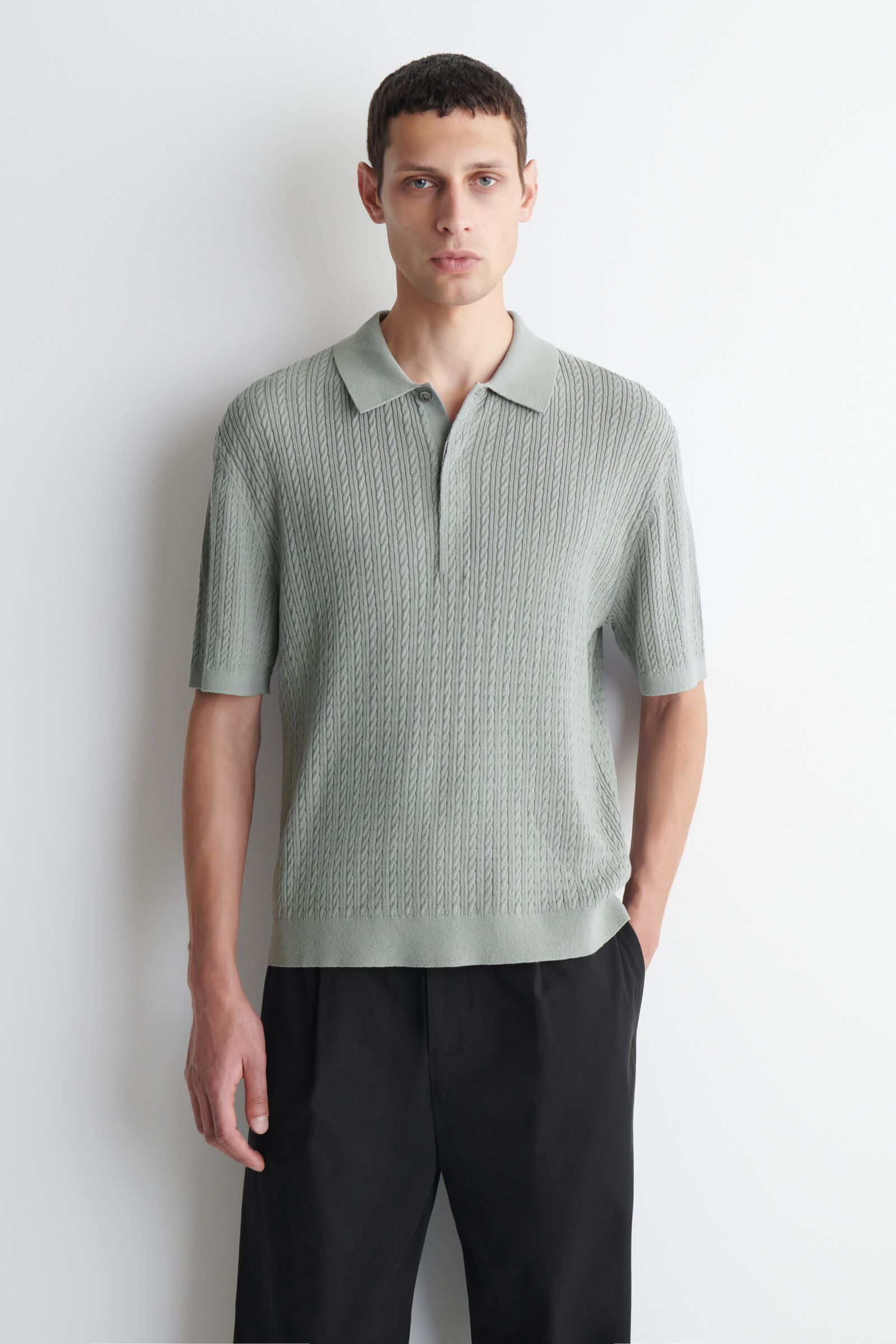 CABLE-KNIT COTTON-LINEN POLO SHIRTGREY