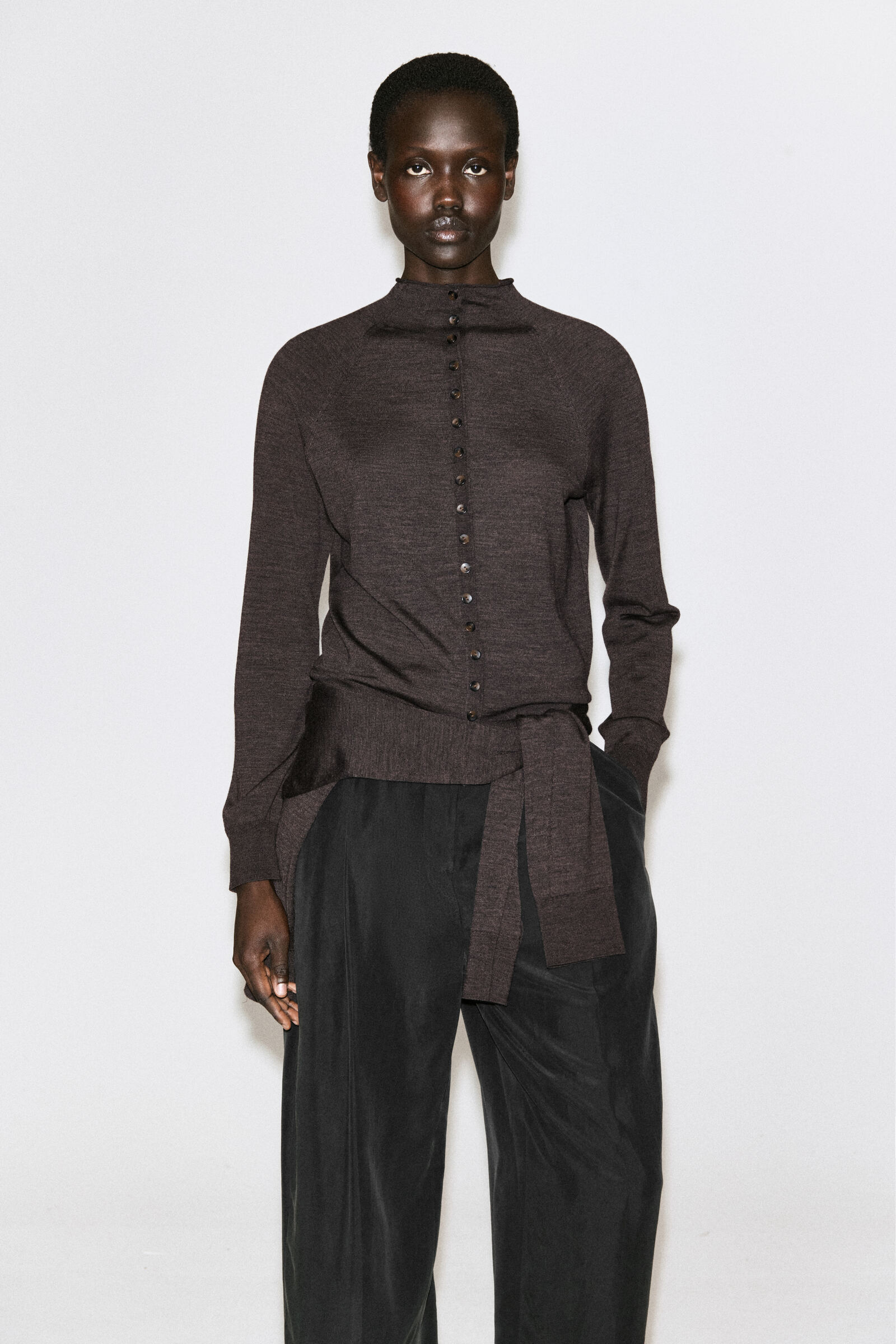 MERINO WOOL FUNNEL-NECK CARDIGANBROWN MÉLANGE