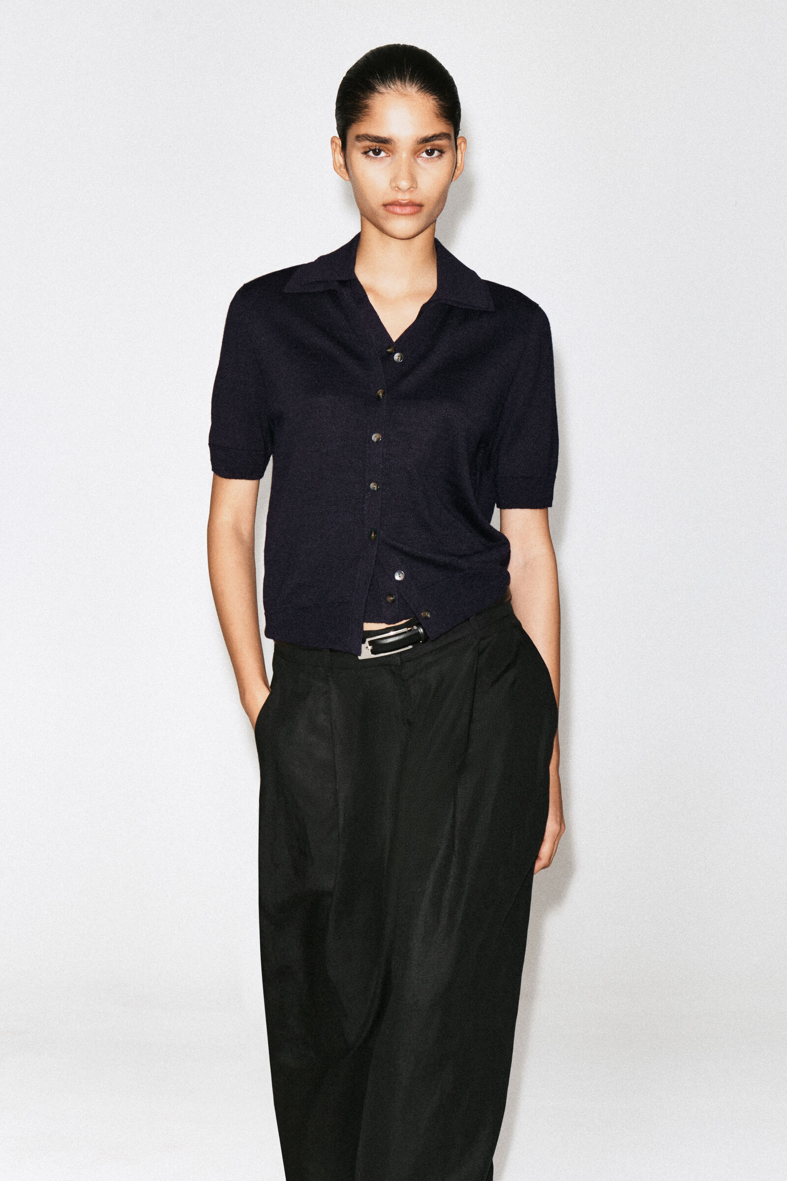 KNITTED LINEN-MERINO SHORT-SLEEVED SHIRTNAVY