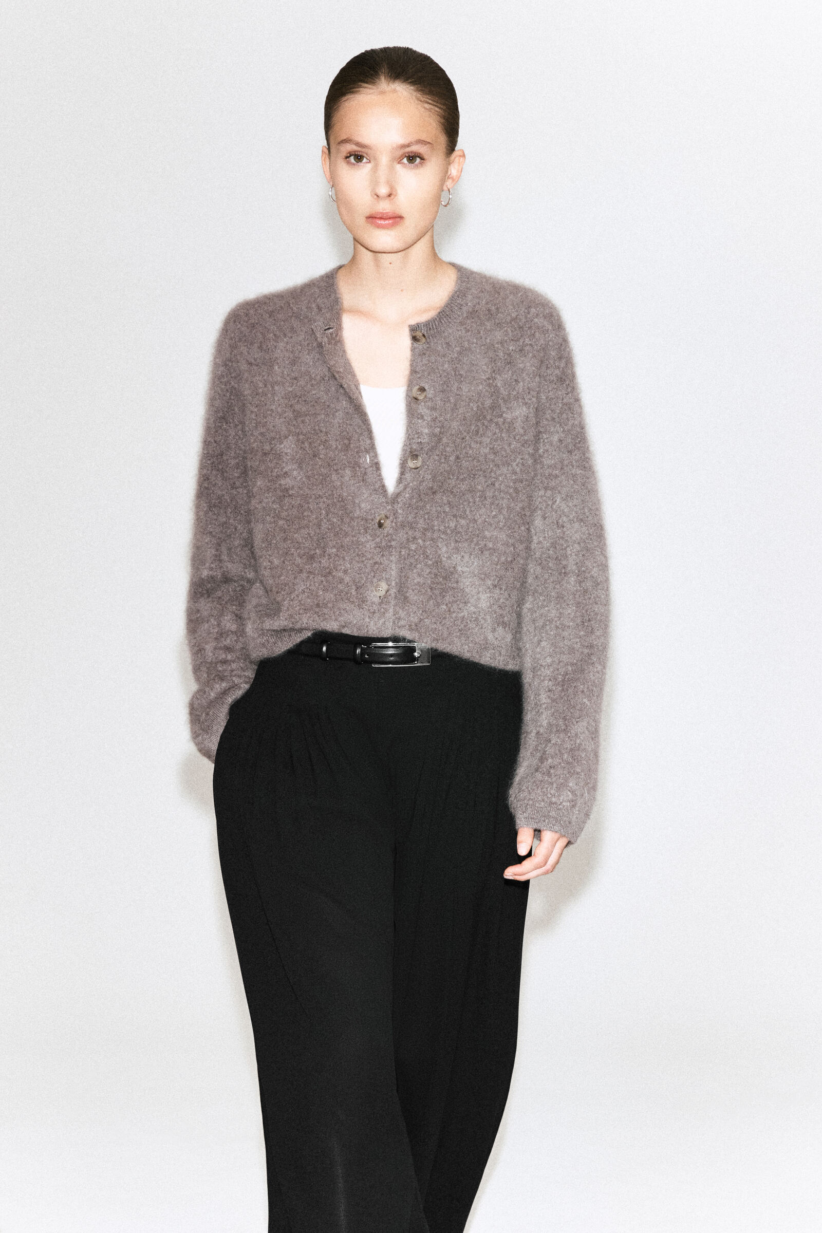 BRUSHED-CASHMERE CREW-NECK CARDIGANDARK BEIGE