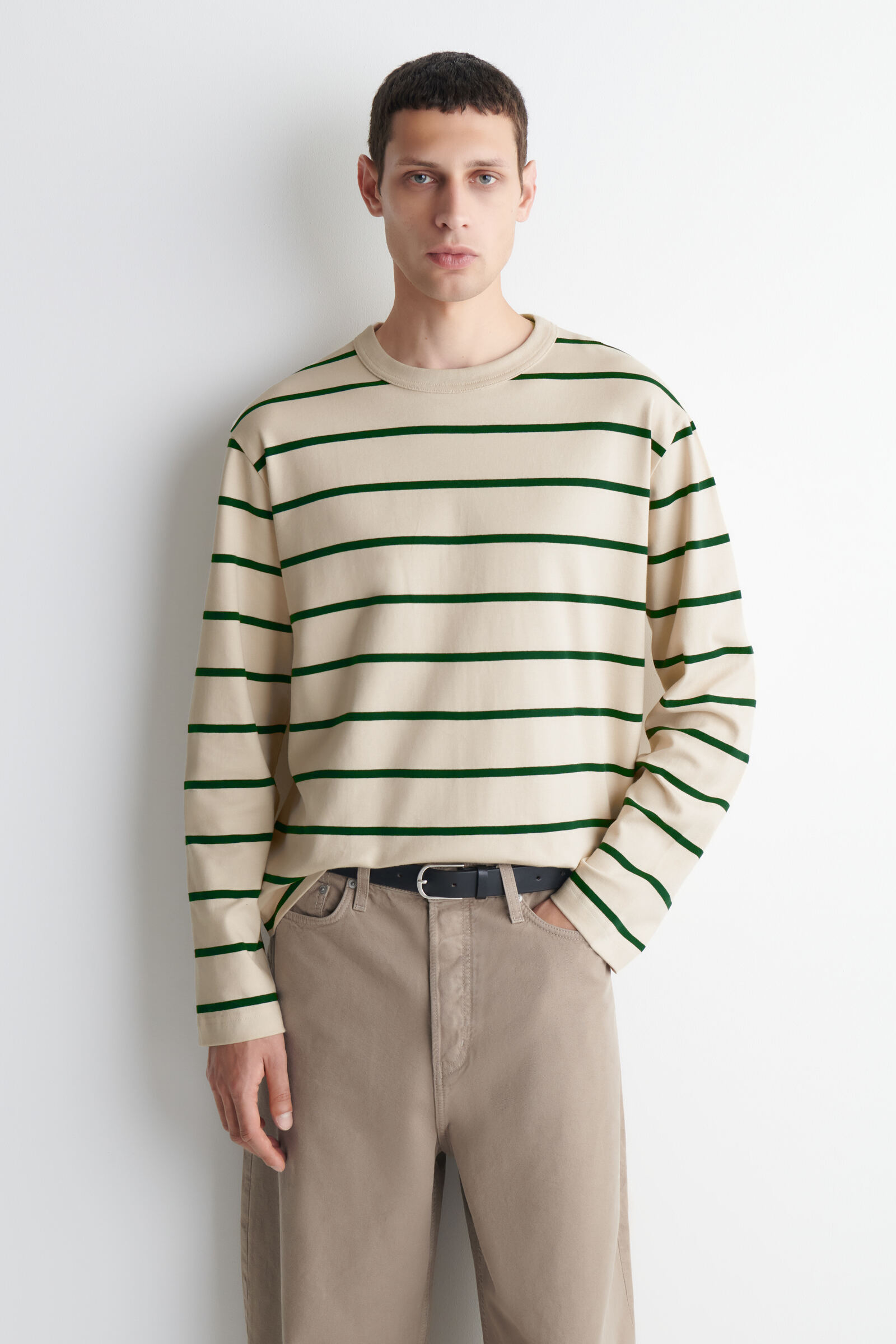 RELAXED JERSEY INTERLOCK LONG-SLEEVED T-SHIRTIVORY / GREEN / STRIPED