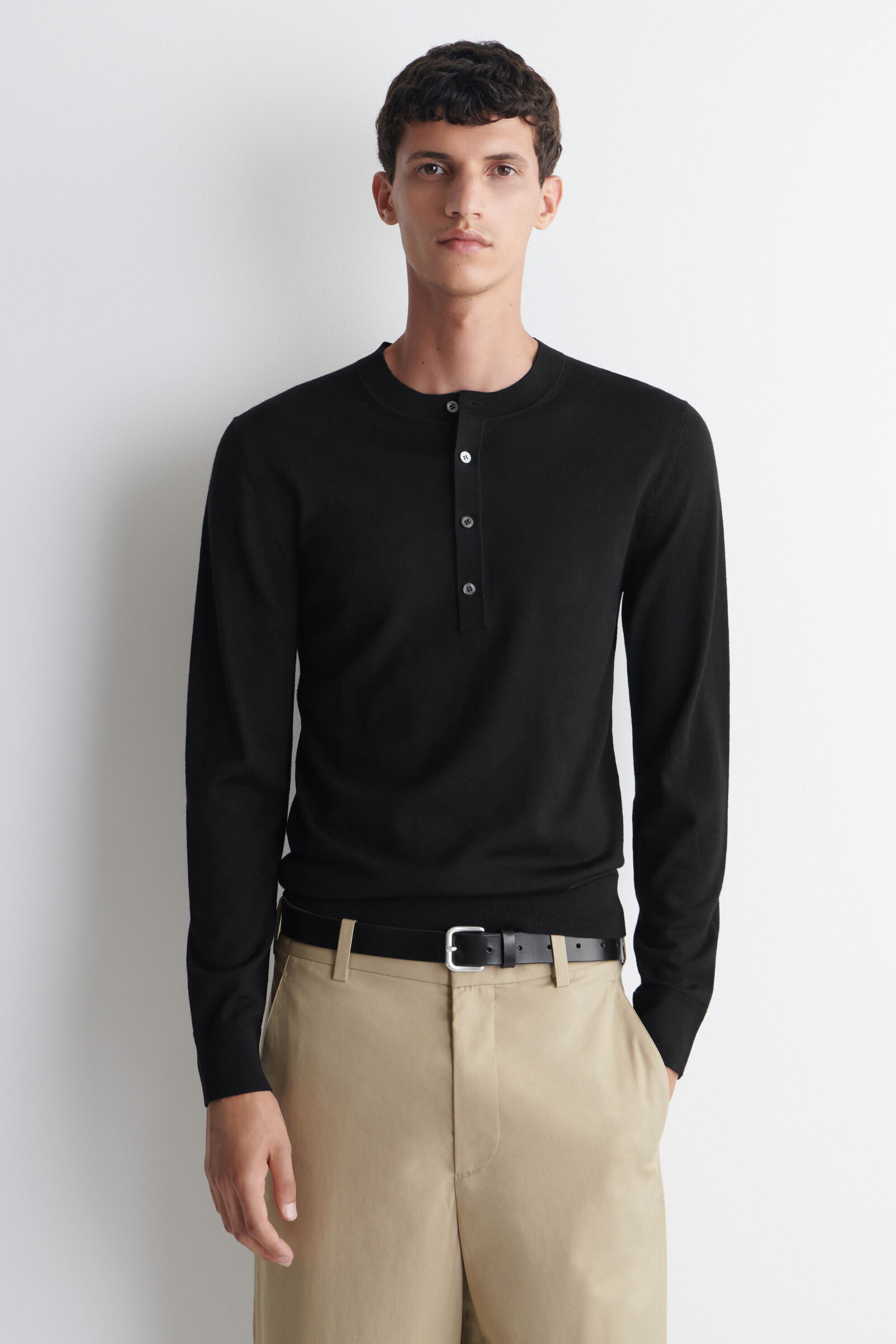 SLIM MERINO WOOL HENLEY TOPBLACK