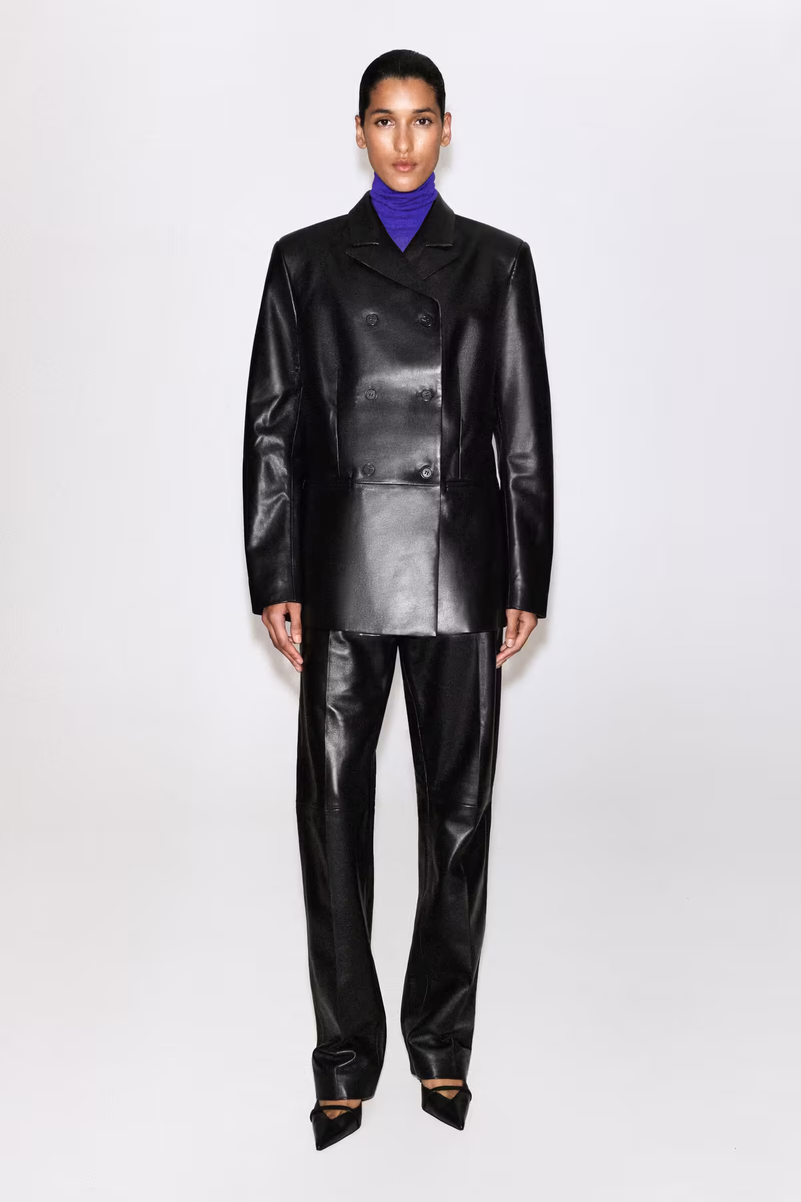 LEATHER DOUBLE-BREASTED BLAZERBLACK