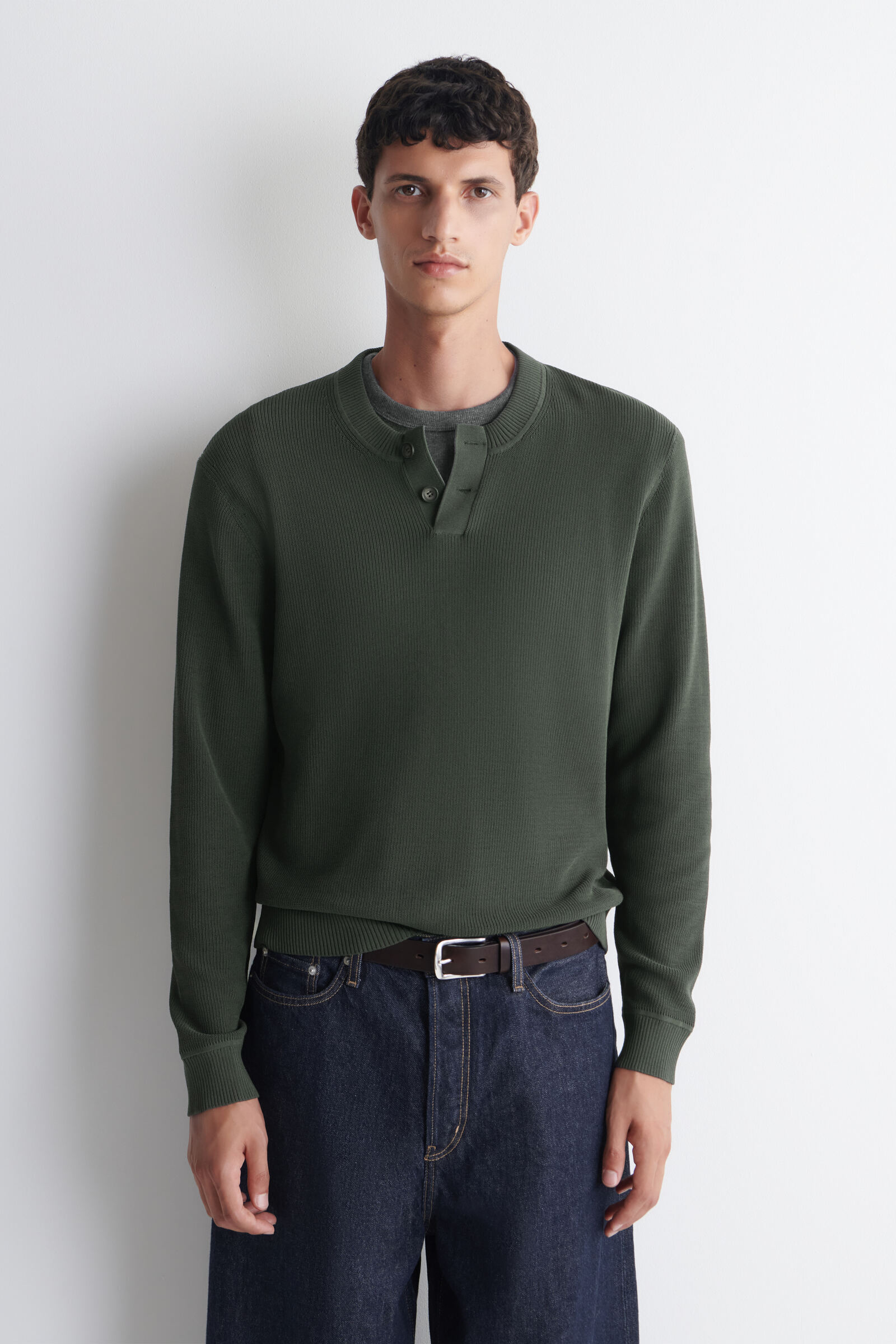 KNITTED COTTON HENLEY JUMPERDARK GREEN