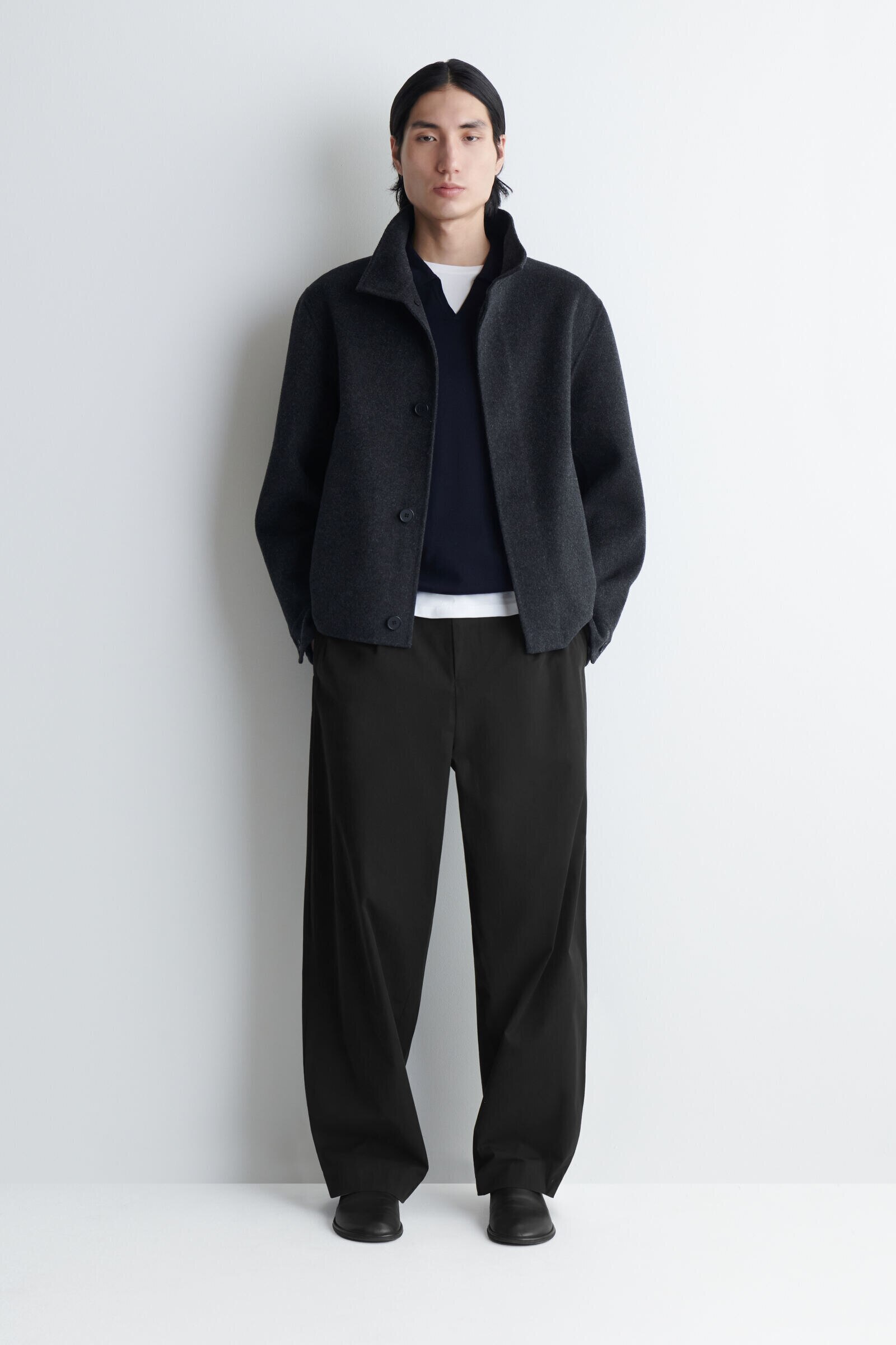 DOUBLE-FACED WOOL FUNNEL-NECK JACKETCHARCOAL MÉLANGE