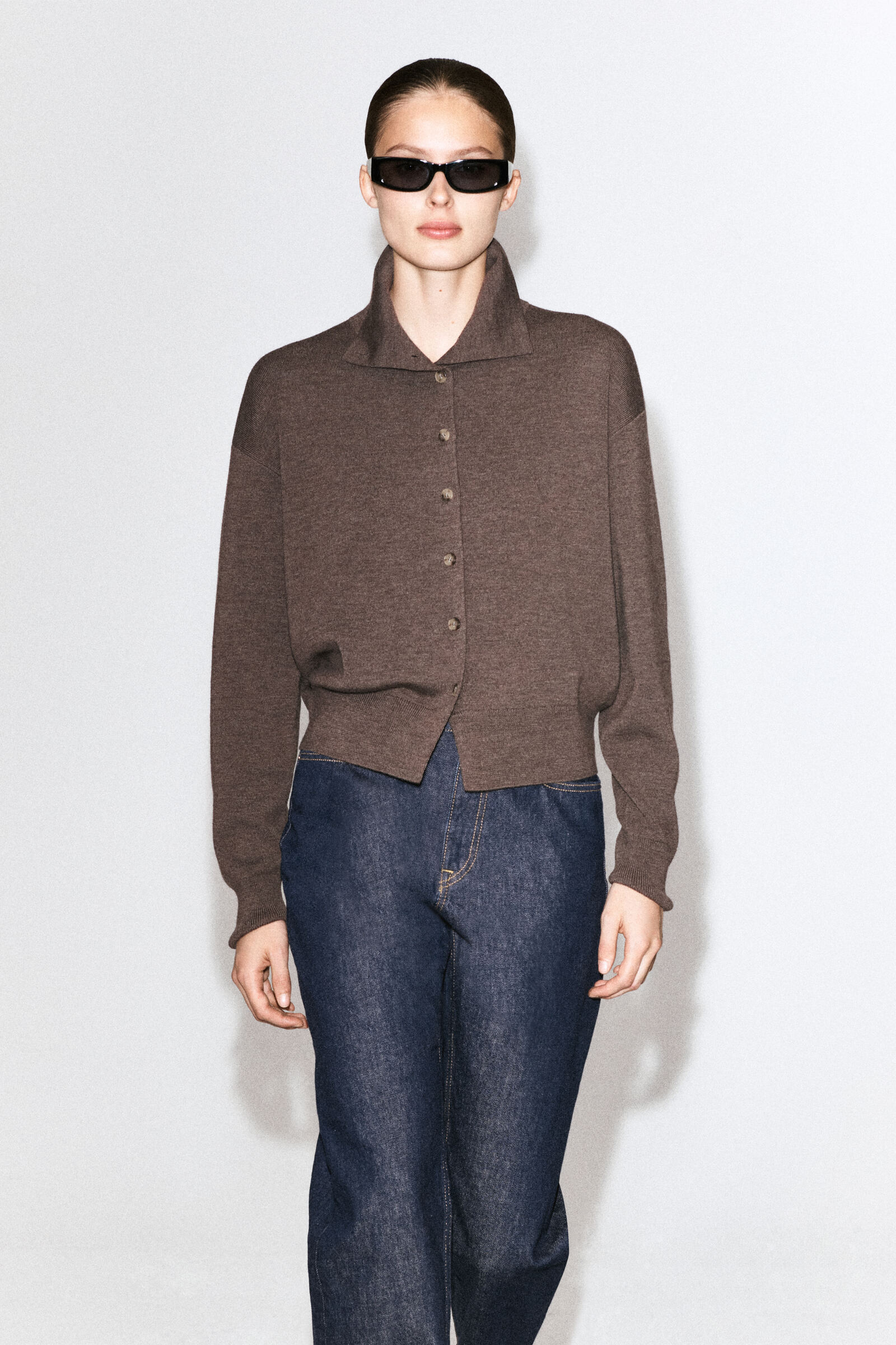 MERINO WOOL FUNNEL-NECK CARDIGANBROWN MÉLANGE
