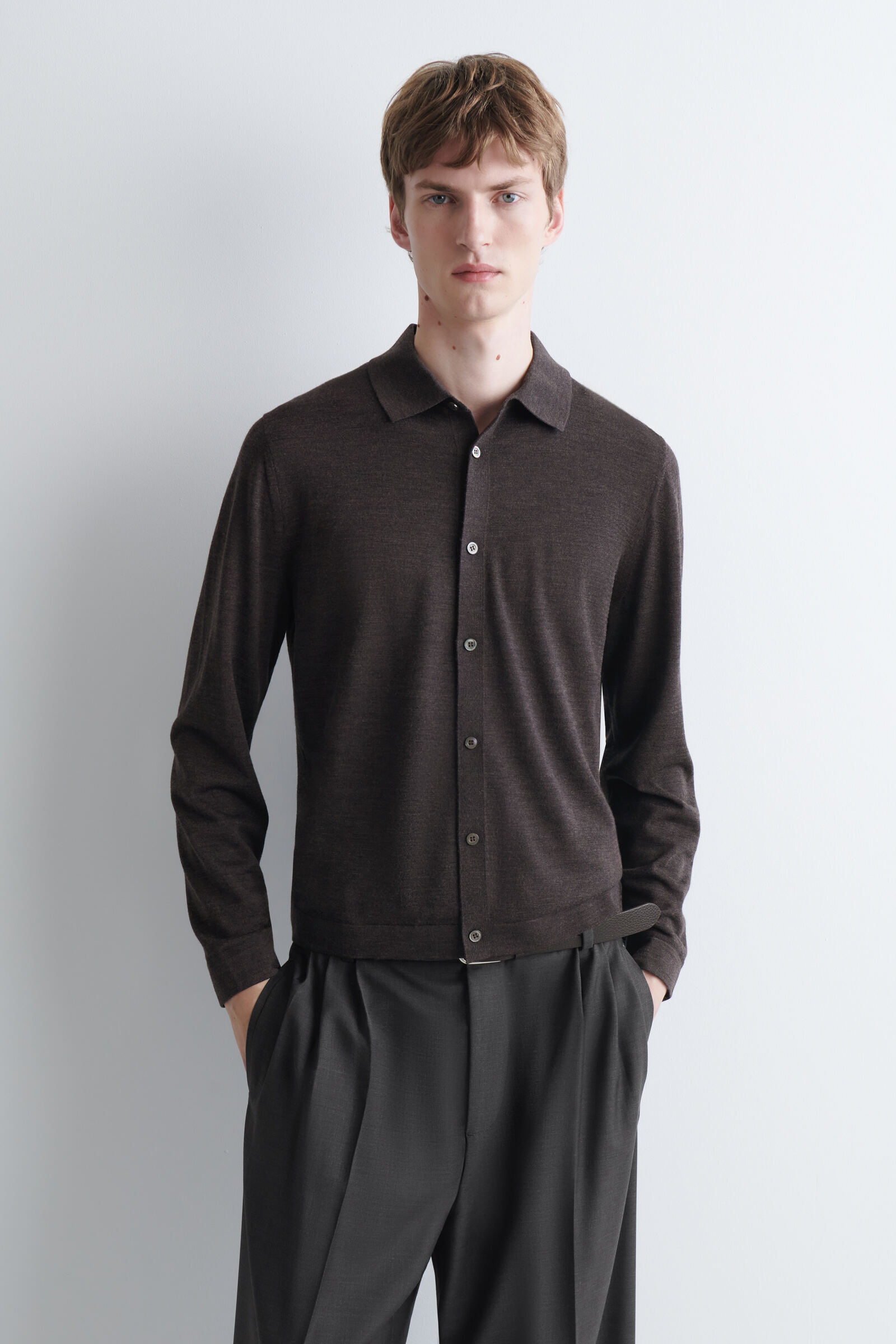 KNITTED MERINO WOOL SHIRTDARK-BROWN MÉLANGE
