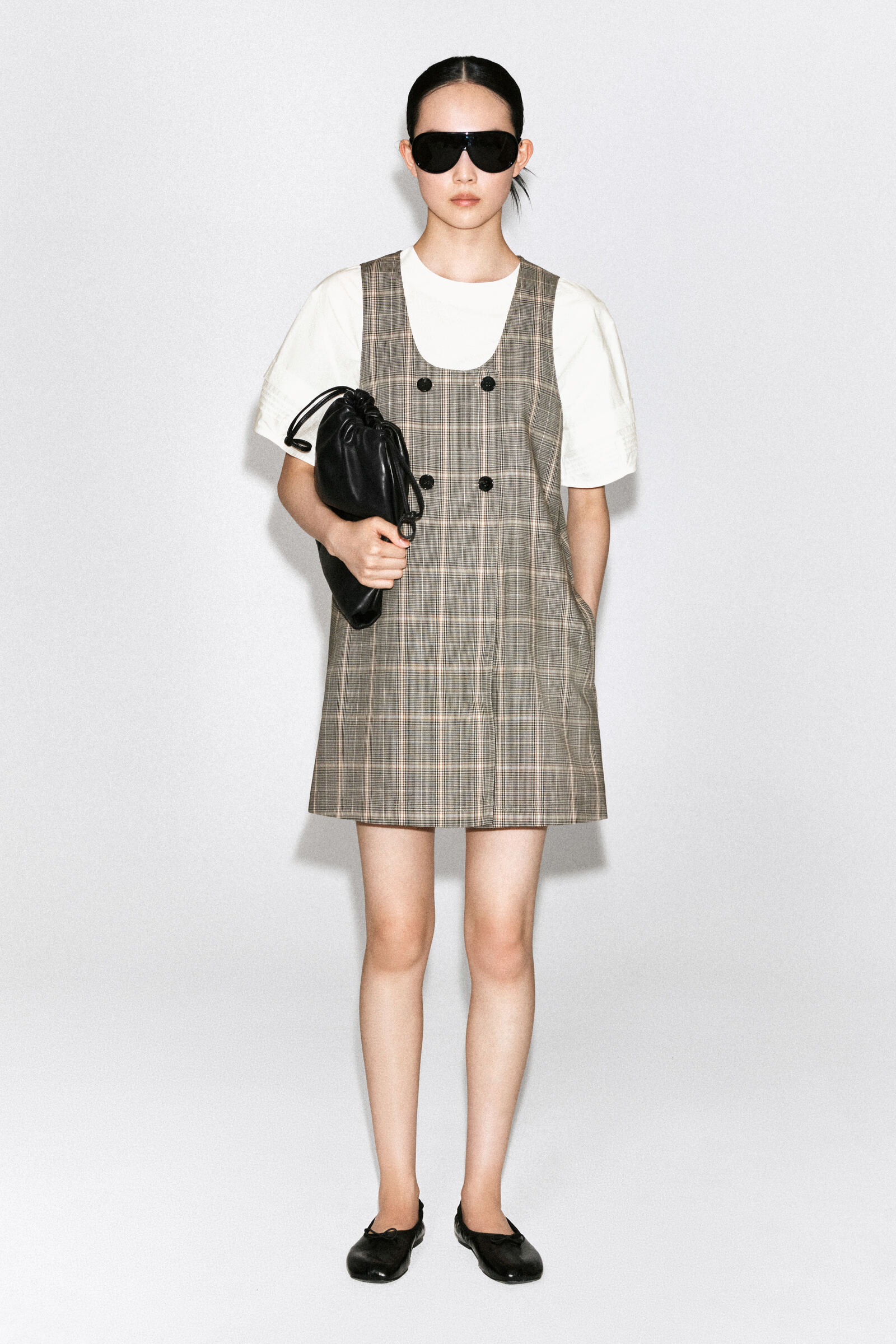 CHECKED WOOL MINI PINAFORE DRESSBEIGE / CHECKED
