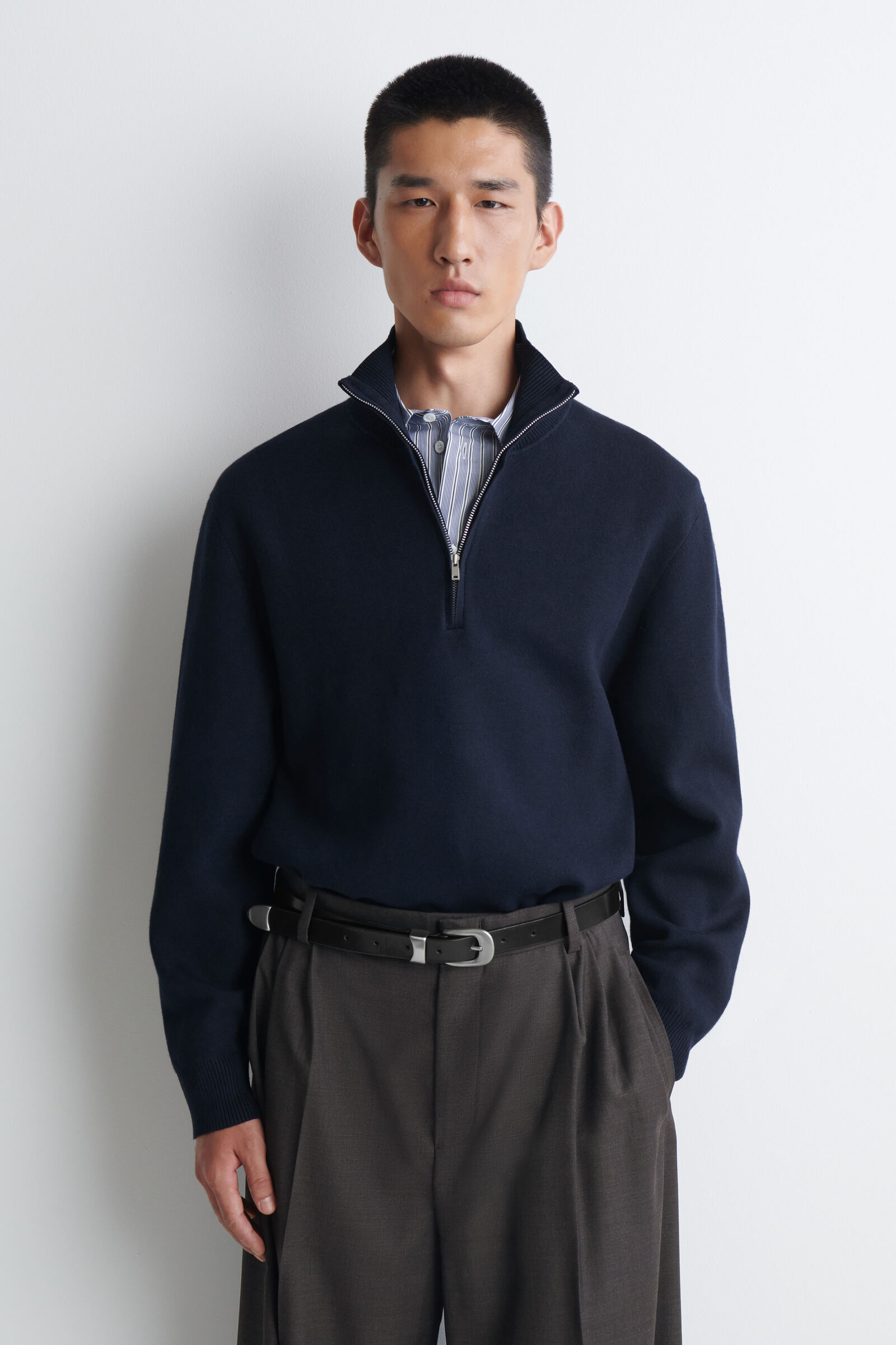 DOUBLE-FACED KNITTED HALF-ZIP JUMPERNAVY