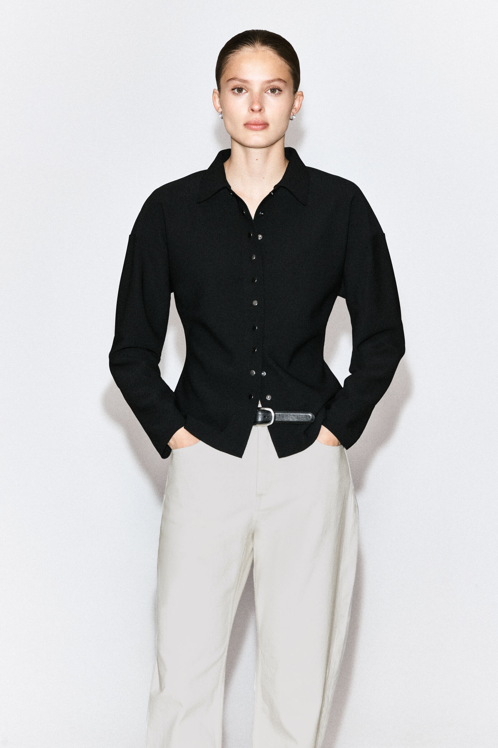 WAISTED CREPE-JERSEY SHIRTBLACK