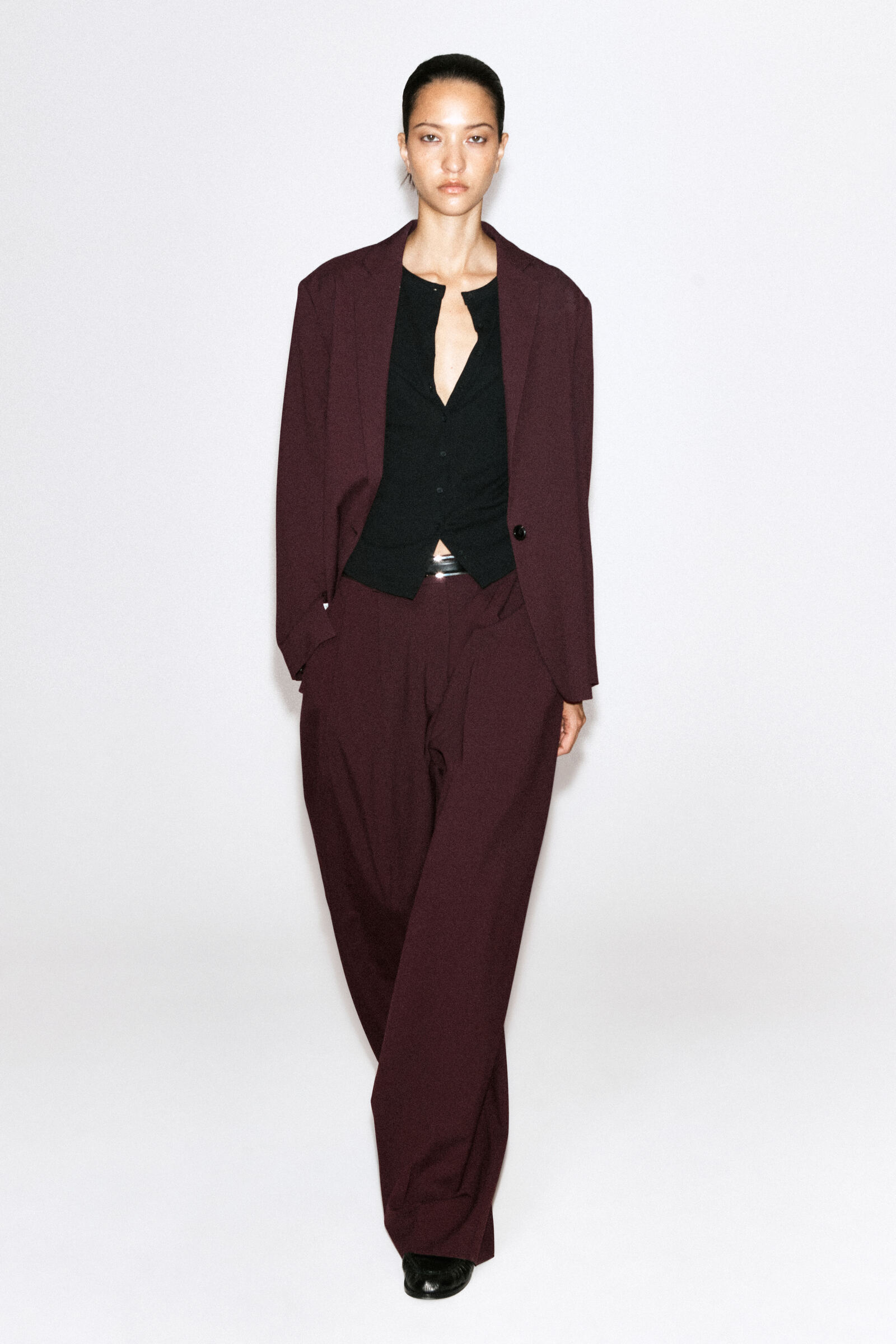 RELAXED TWILL WIDE-LEG TROUSERSDARK BROWN