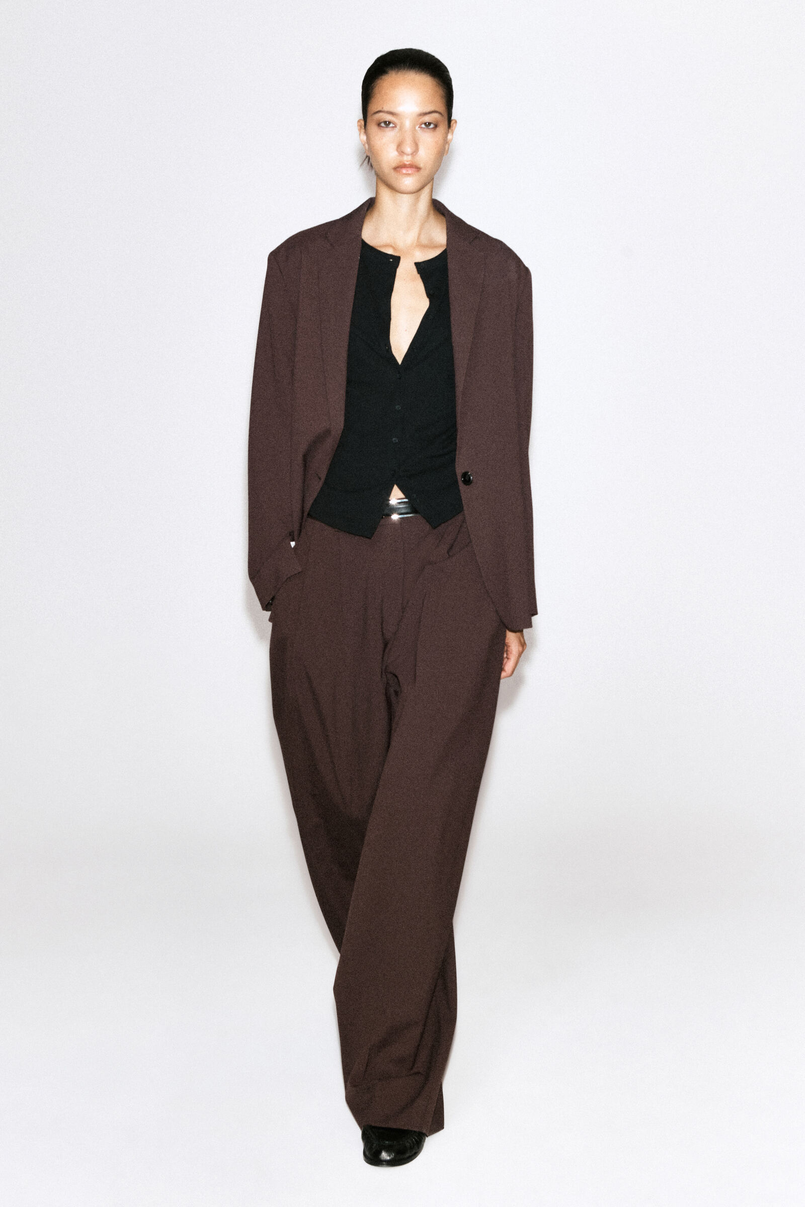RELAXED TWILL WIDE-LEG TROUSERSDARK BROWN