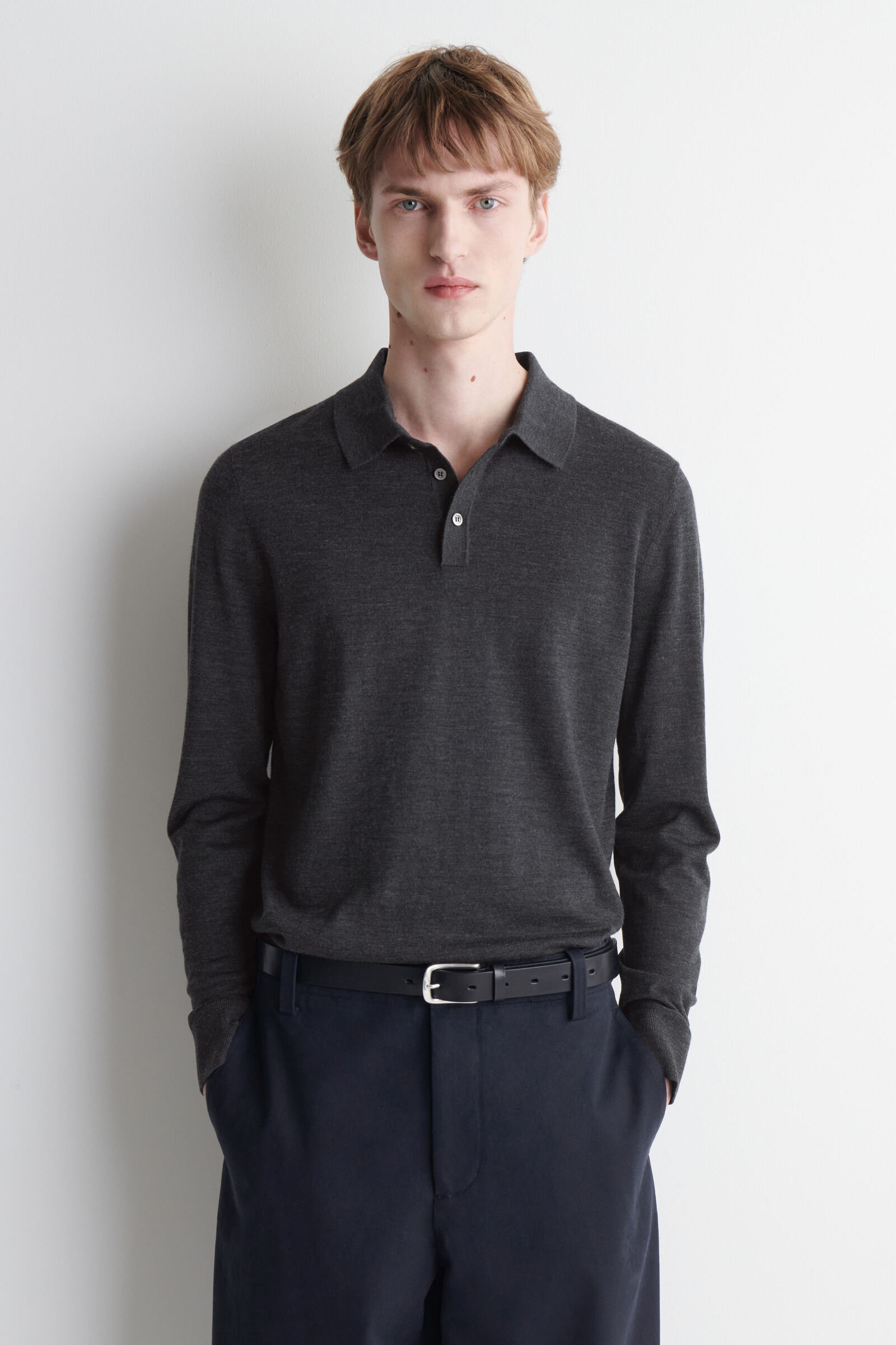 SLIM MERINO WOOL POLO SHIRTCHARCOAL MÉLANGE