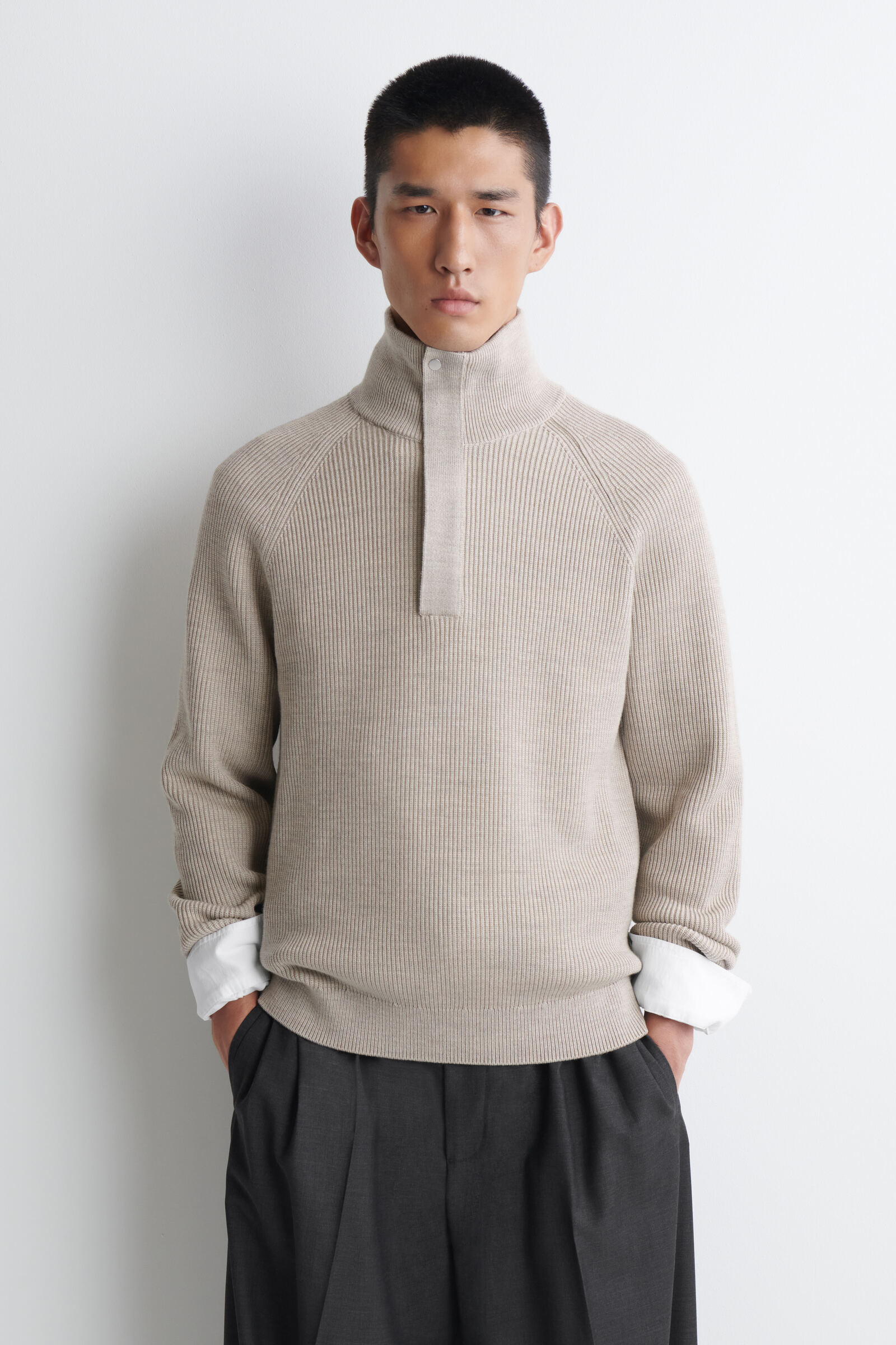 RIBBED WOOL HALF-ZIP JUMPERBEIGE