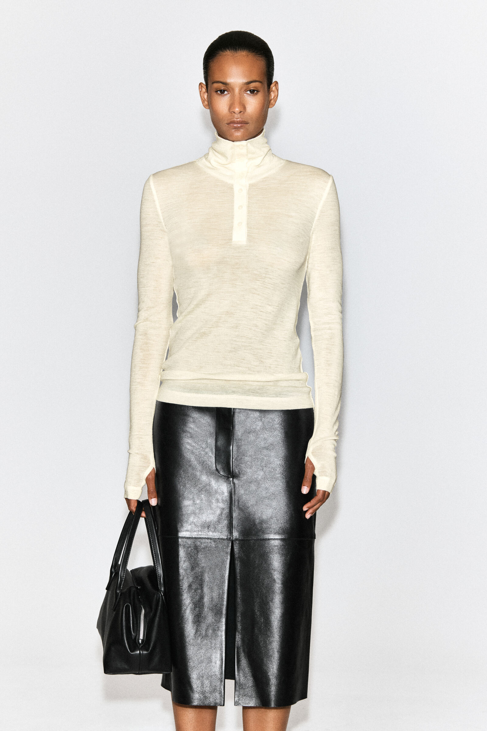 MERINO WOOL BUTTONED FUNNEL-NECK TOPIVORY