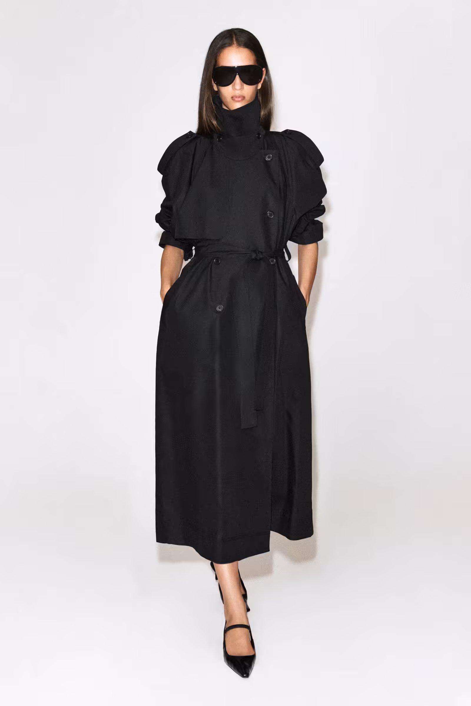 FUNNEL-NECK COTTON TRENCH COATBLACK
