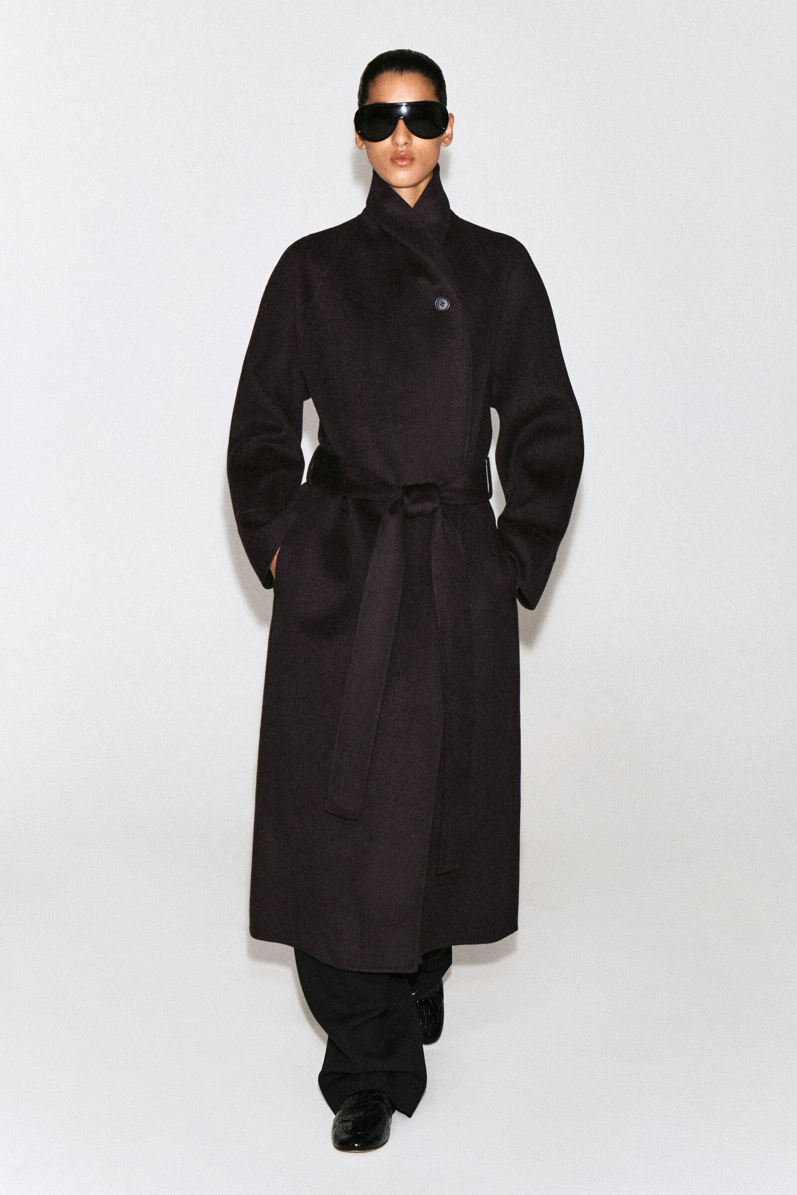 SHAWL-COLLAR DOUBLE-FACED WOOL LONG COATDARK BROWN