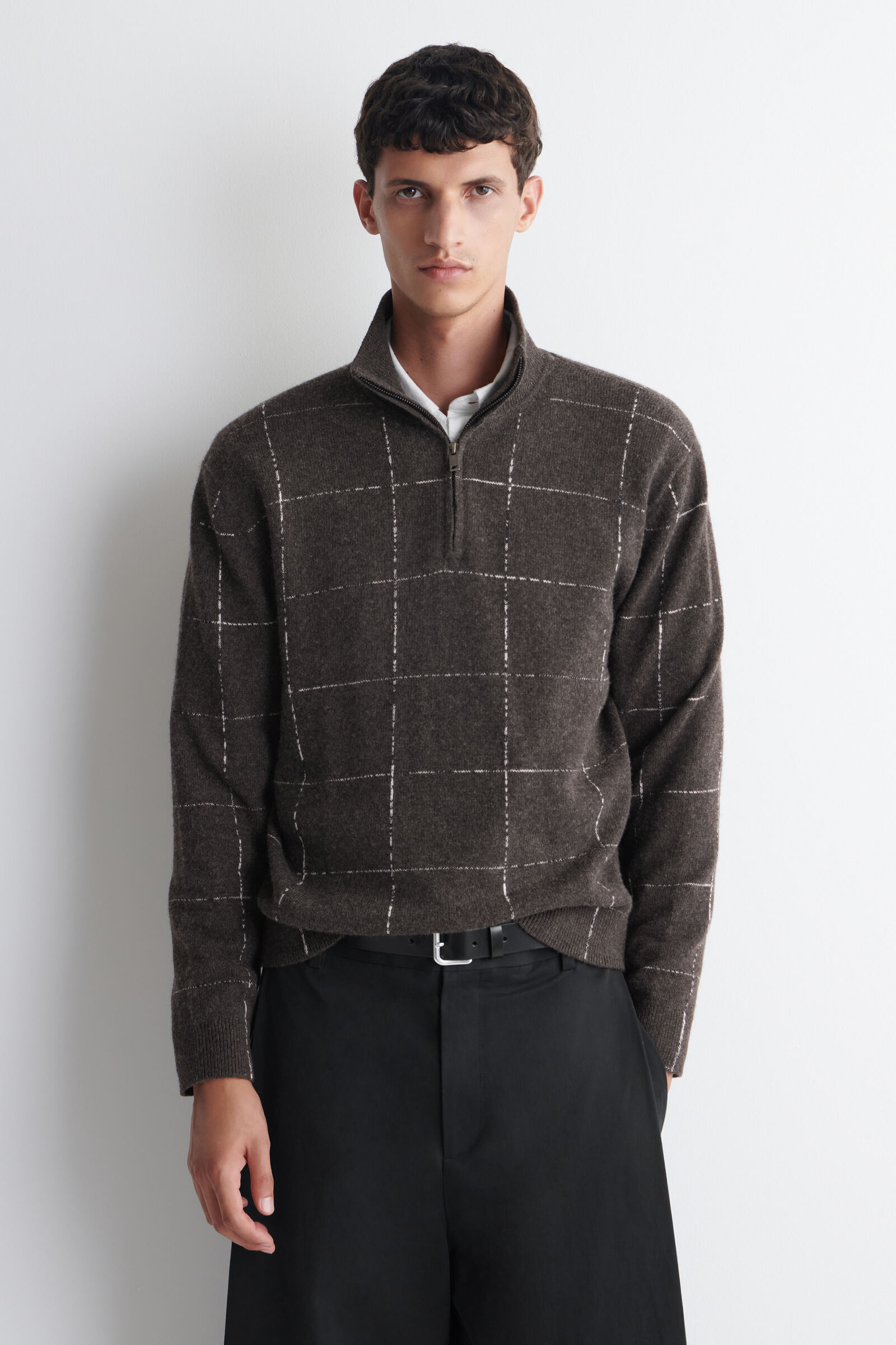 CHECKED WOOL-COTTON ZIP-UP JUMPERBROWN / CHECKED