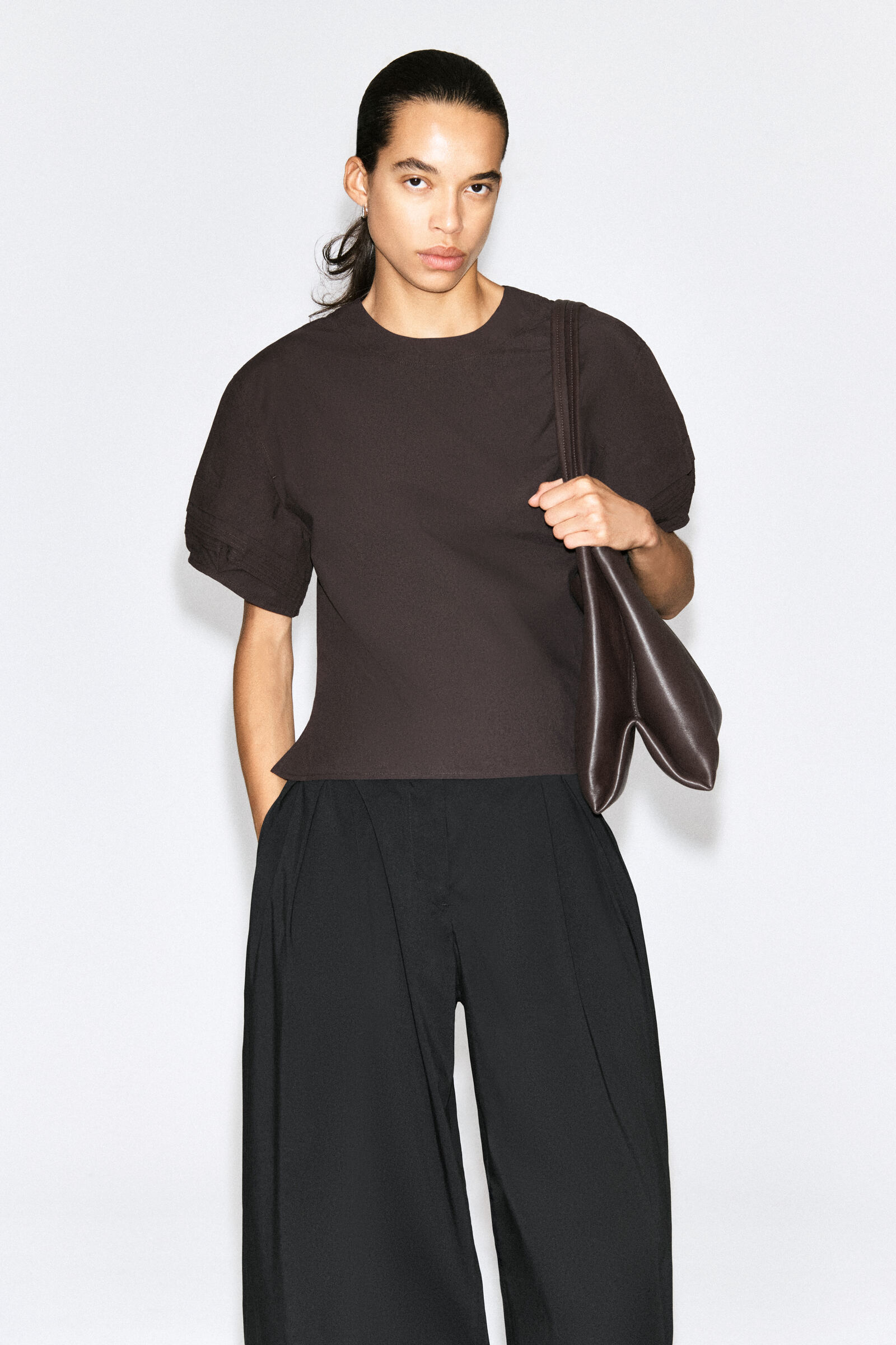 PINTUCKED COTTON BLOUSEBROWN