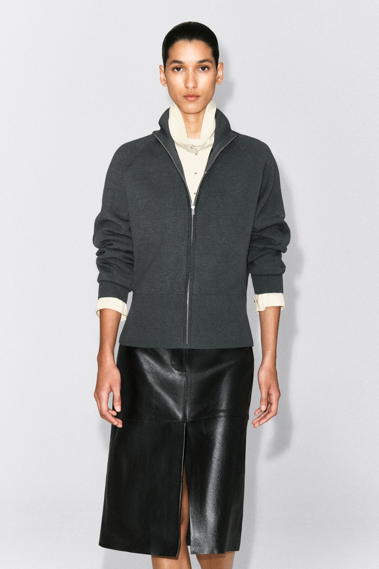 KNITTED FUNNEL-NECK ZIP-UP JACKETCHARCOAL