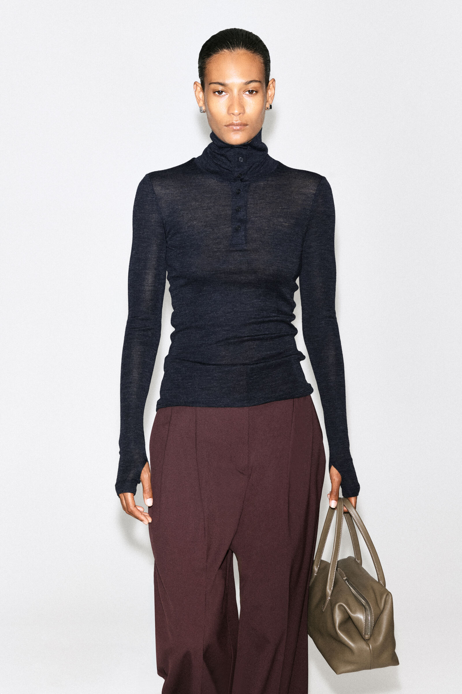 MERINO WOOL BUTTONED FUNNEL-NECK TOPCHARCOAL MÉLANGE