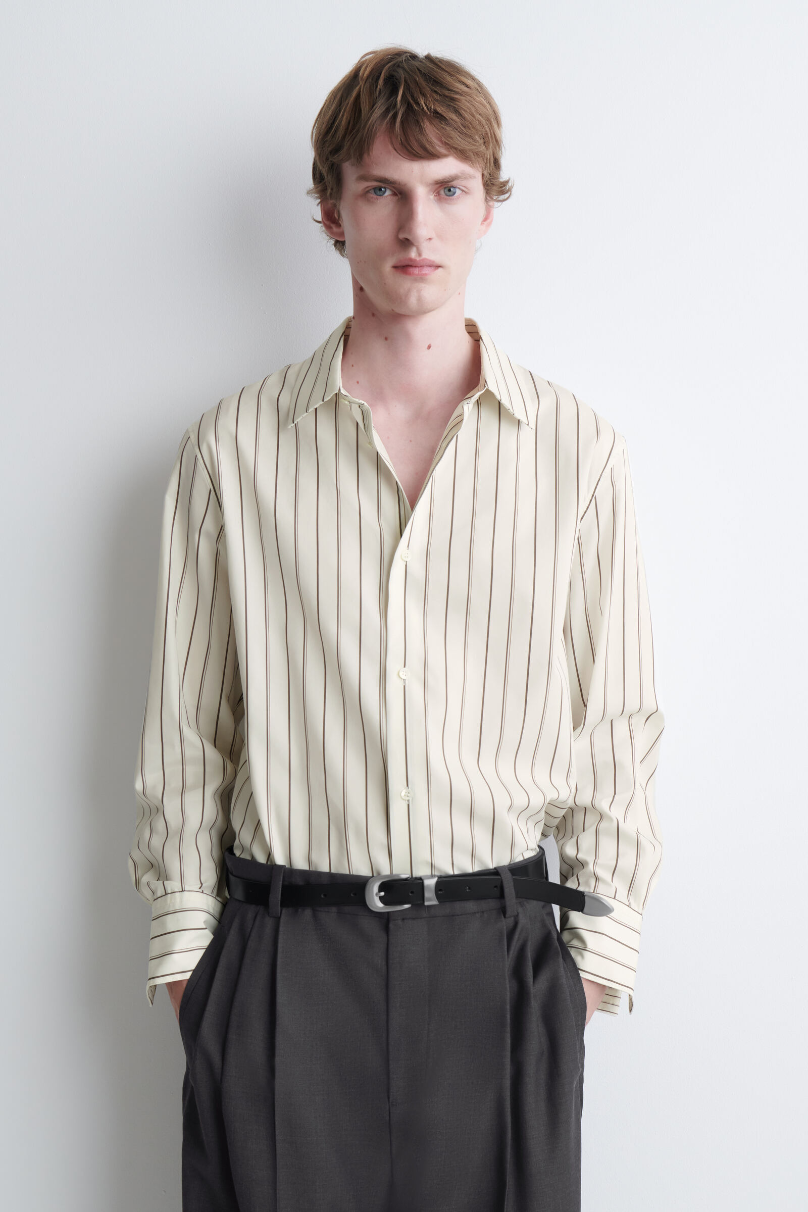 STRIPED STRUCTURED COTTON-SILK SHIRTWHITE / BROWN / STRIPED
