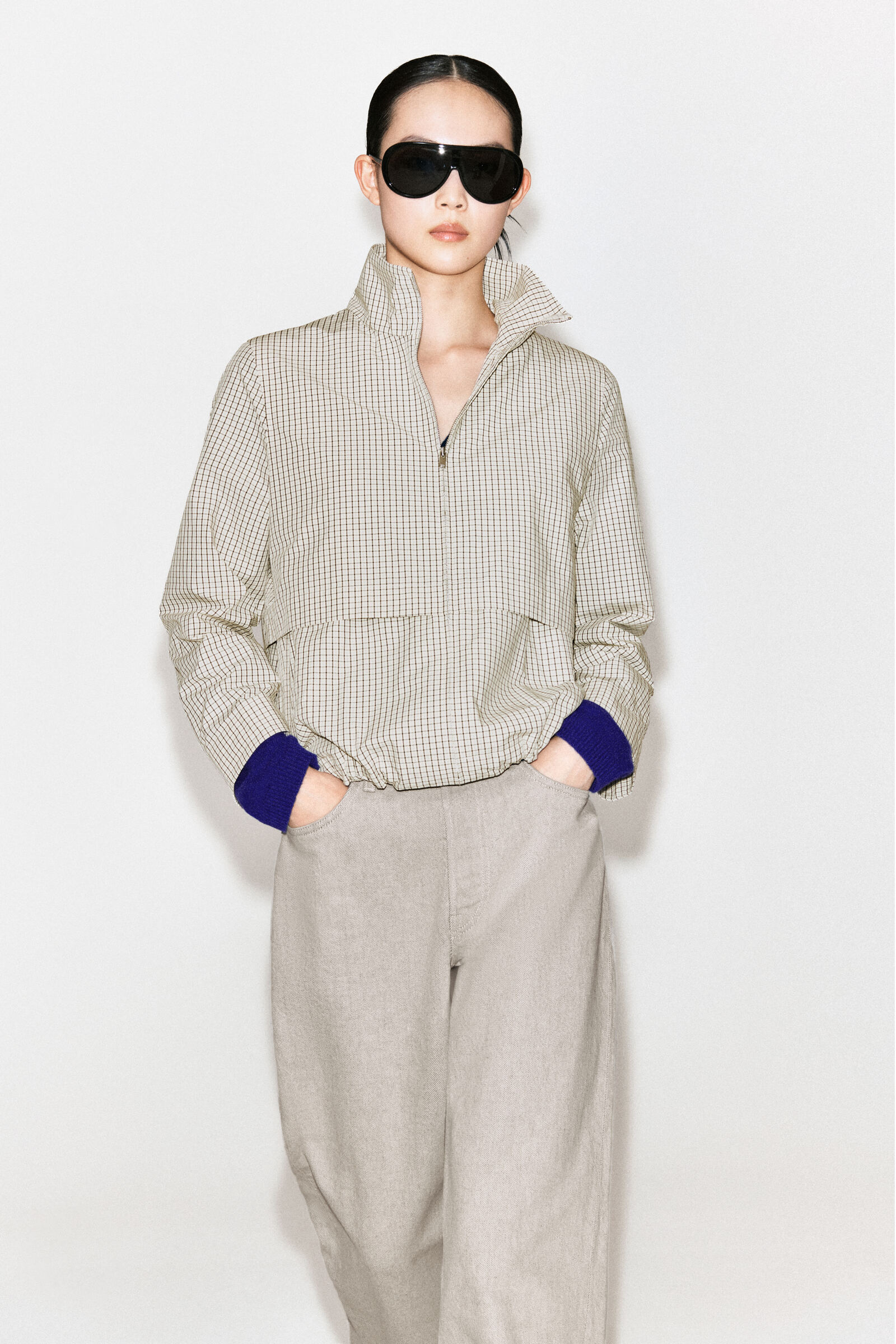 FUNNEL-NECK COTTON DRAWSTRING JACKETBEIGE / CHECKED