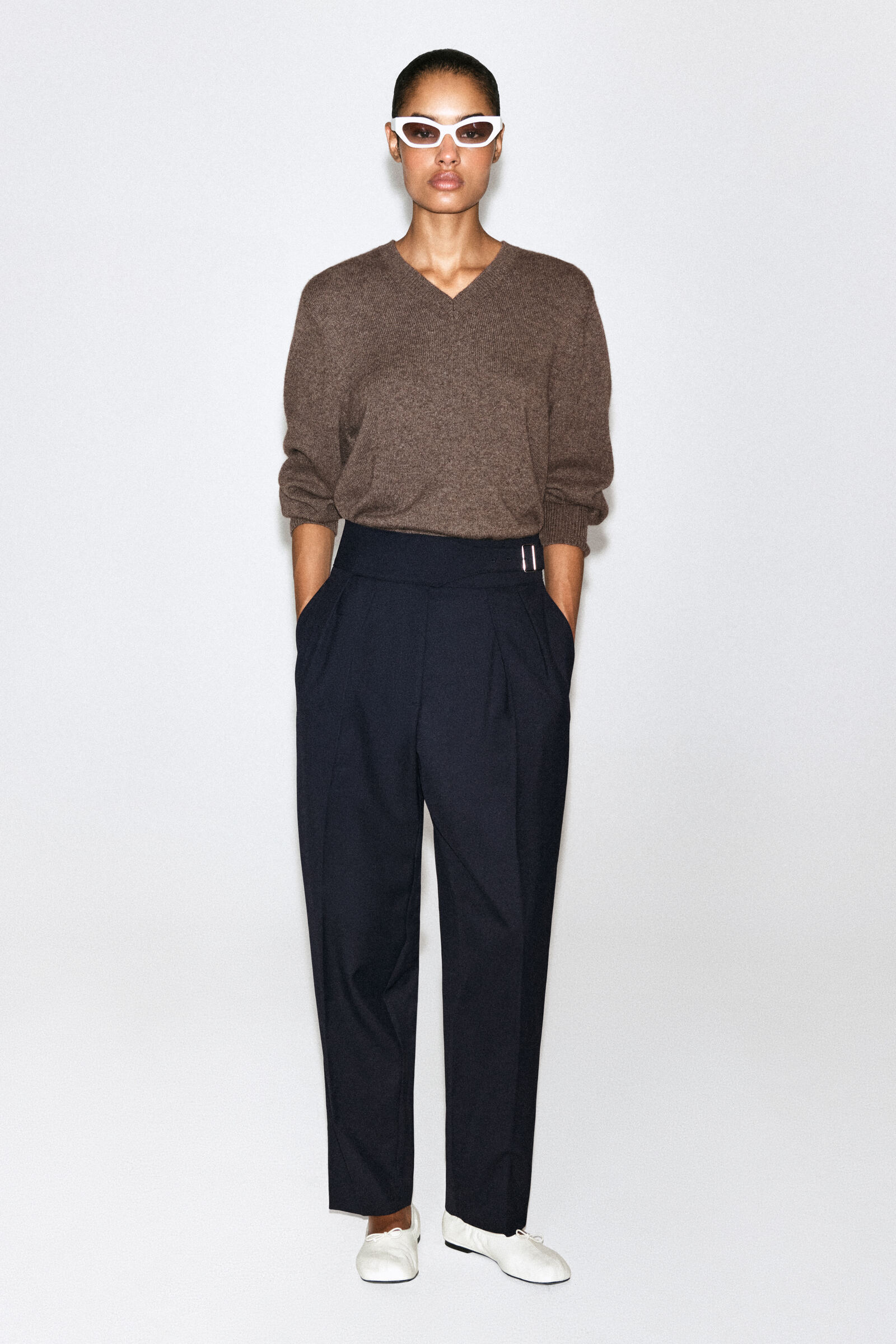 CUMMERBUND-WAIST BARREL-LEG TROUSERSNAVY