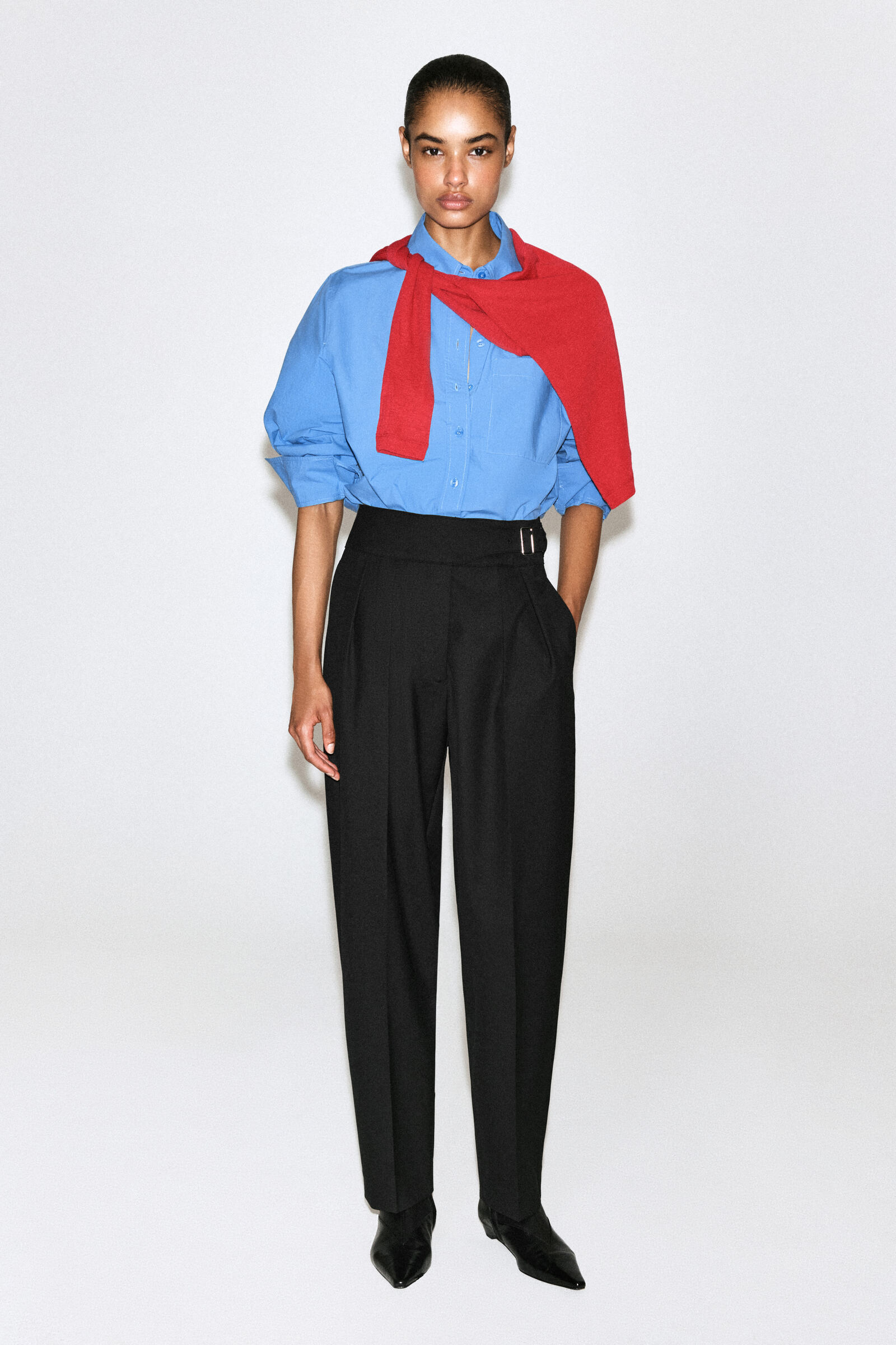 CUMMERBUND-WAIST BARREL-LEG TROUSERSBLACK
