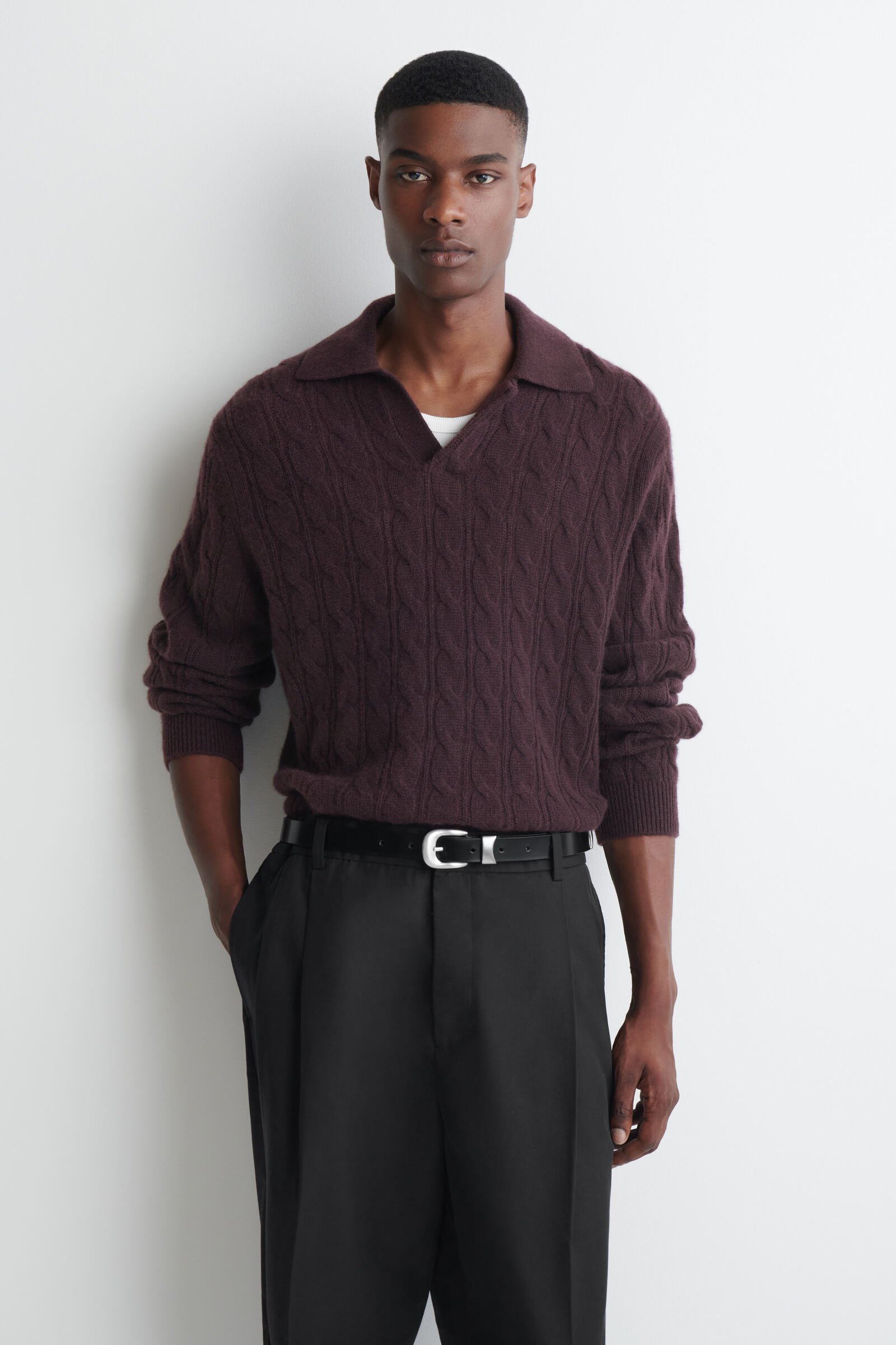 CABLE-KNIT CASHMERE POLO JUMPERBURGUNDY