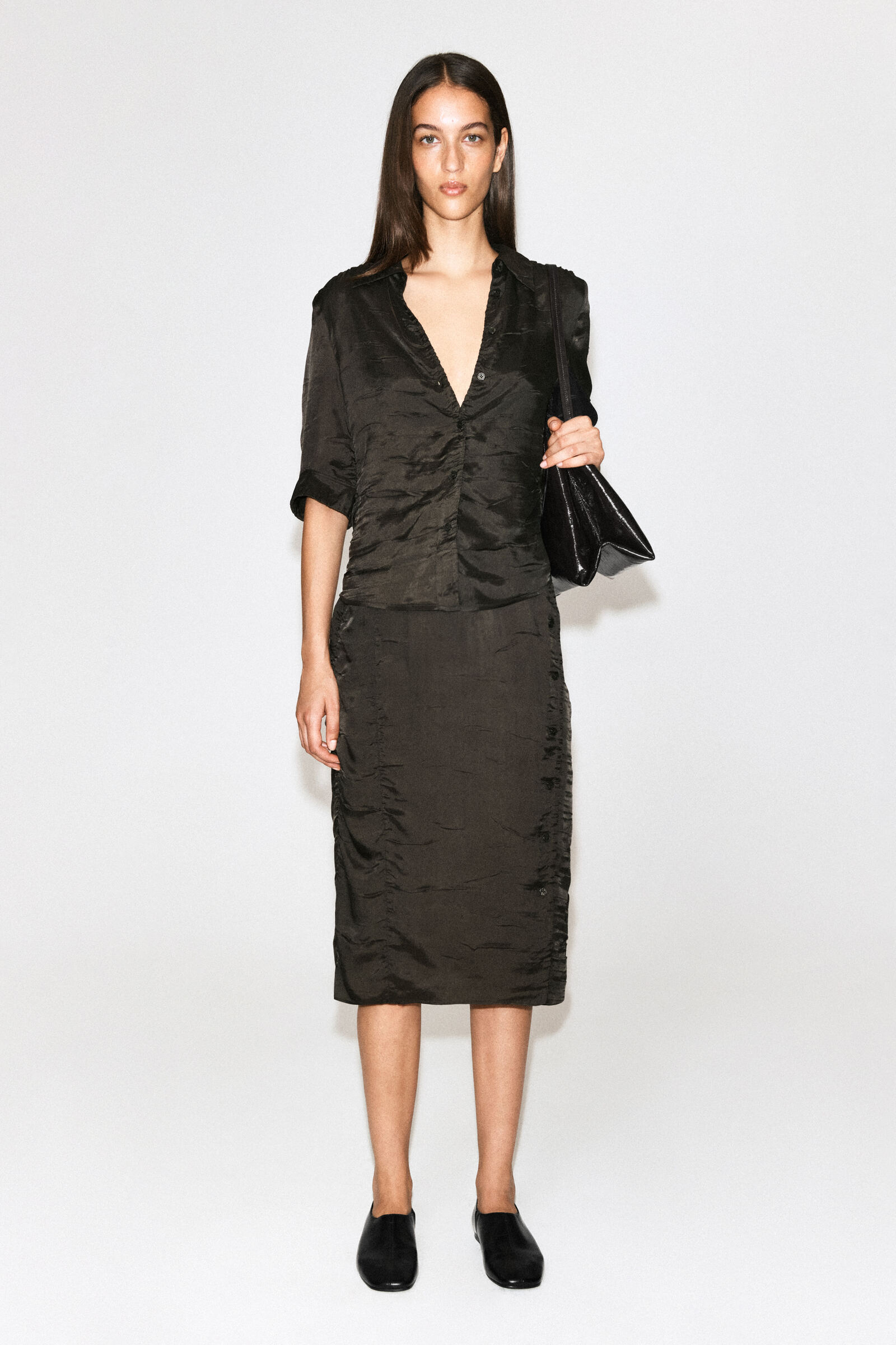 GATHERED CRINKLED SHIRTBROWN