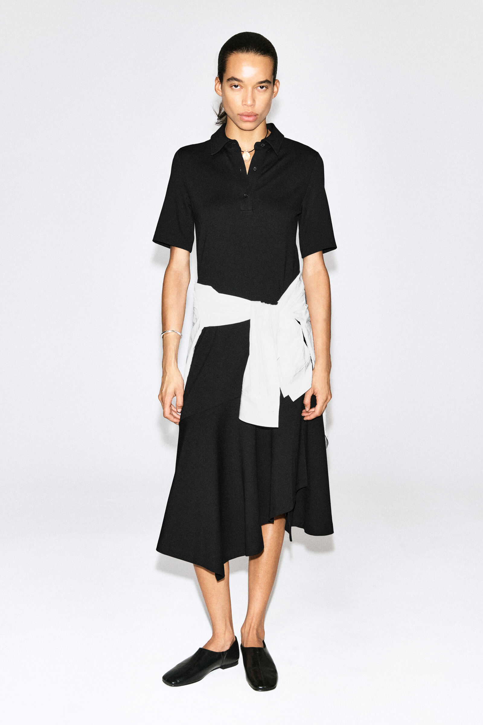 FLARED JERSEY MIDI SHIRT DRESSBLACK