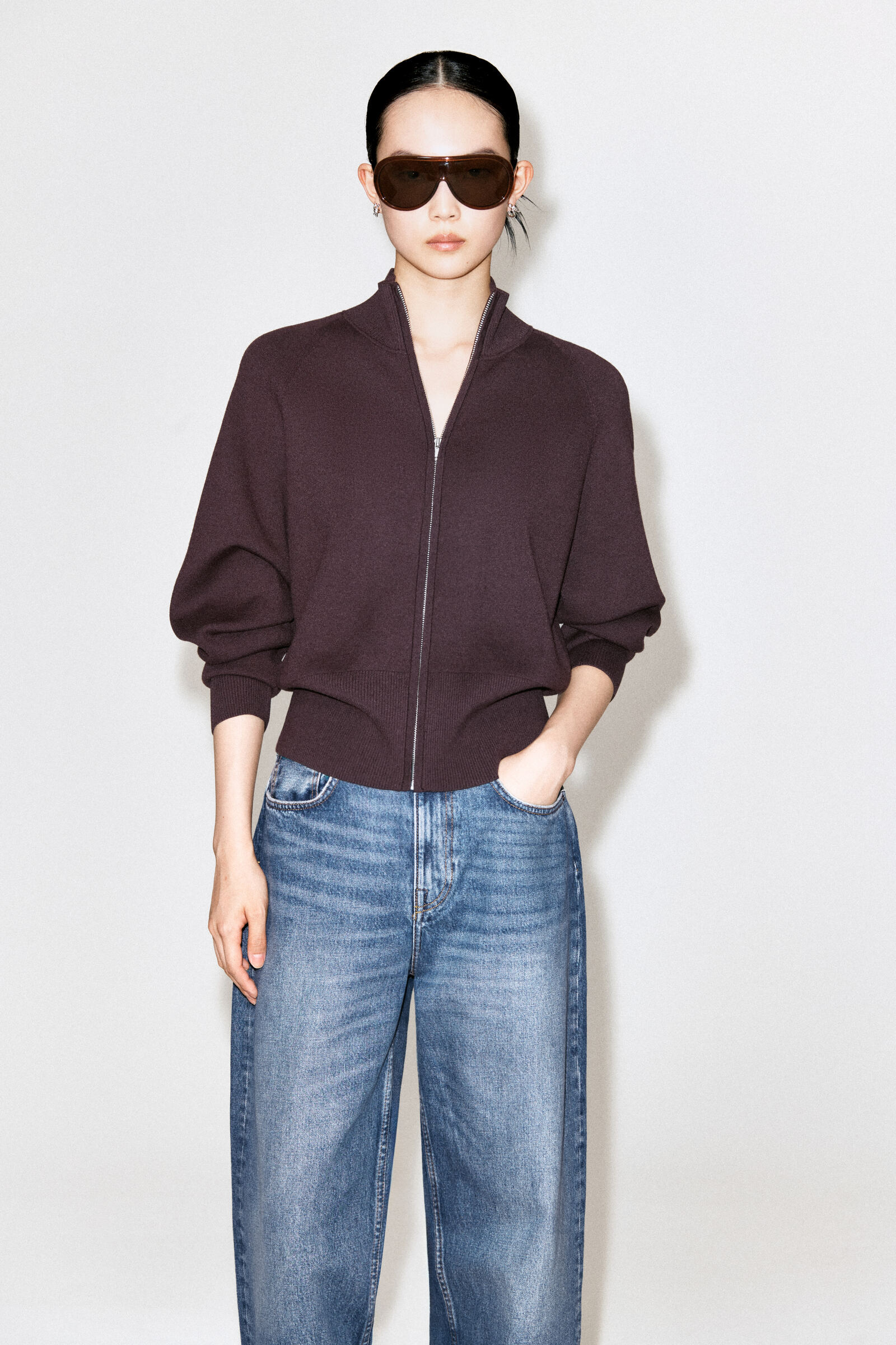 KNITTED FUNNEL-NECK ZIP-UP JACKETMAROON