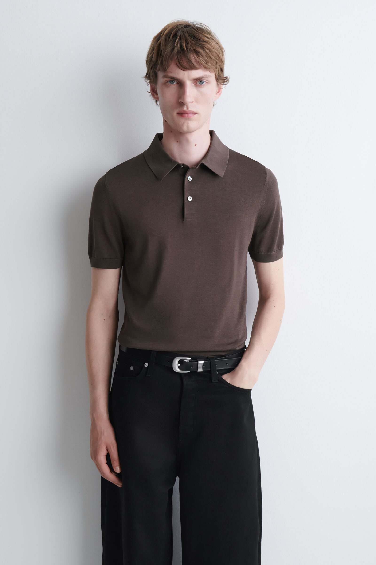 SLIM KNITTED SILK POLO SHIRTBROWN