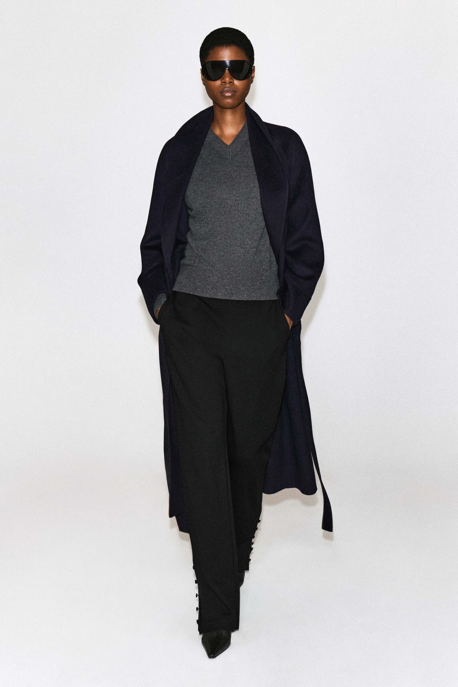 SHAWL-COLLAR DOUBLE-FACED WOOL LONG COATNAVY