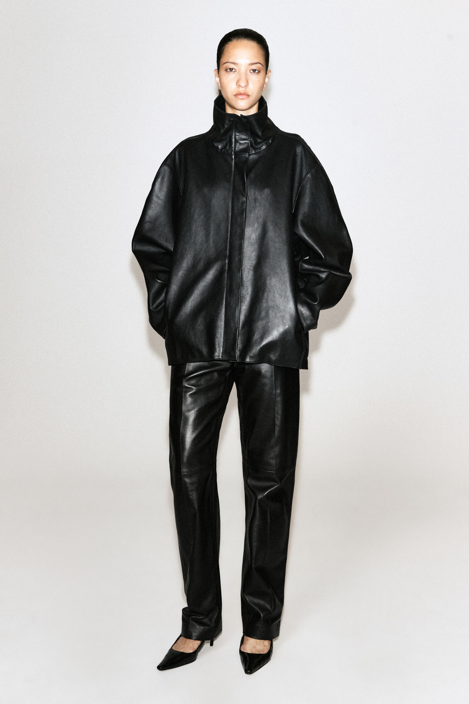 LEATHER FUNNEL-NECK JACKETBLACK