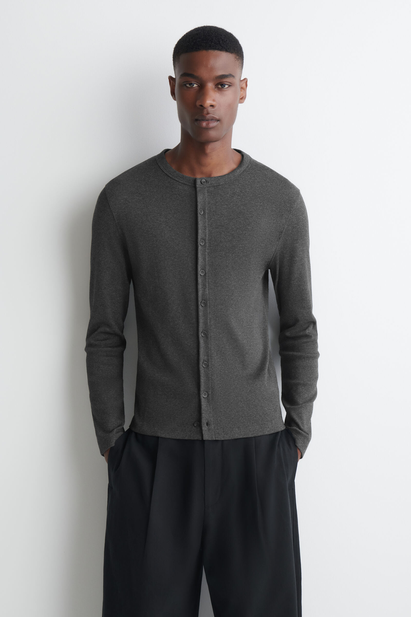 SLIM RIBBED COTTON CARDIGANGREY MÉLANGE