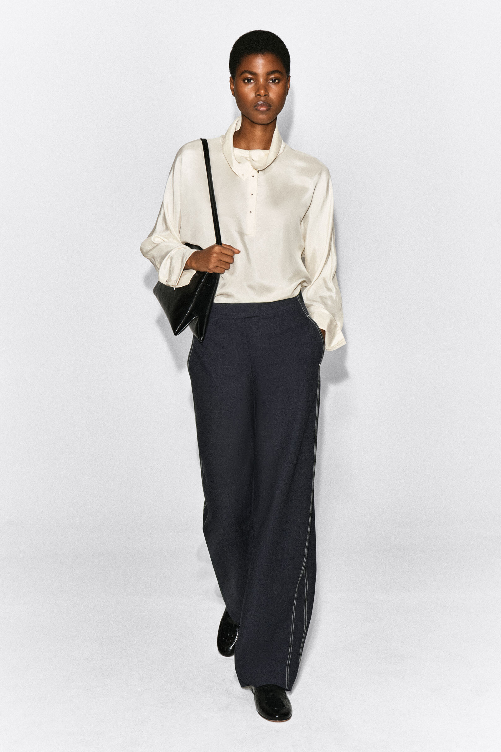 TOPSTITCHED BARREL-LEG TROUSERSCHARCOAL