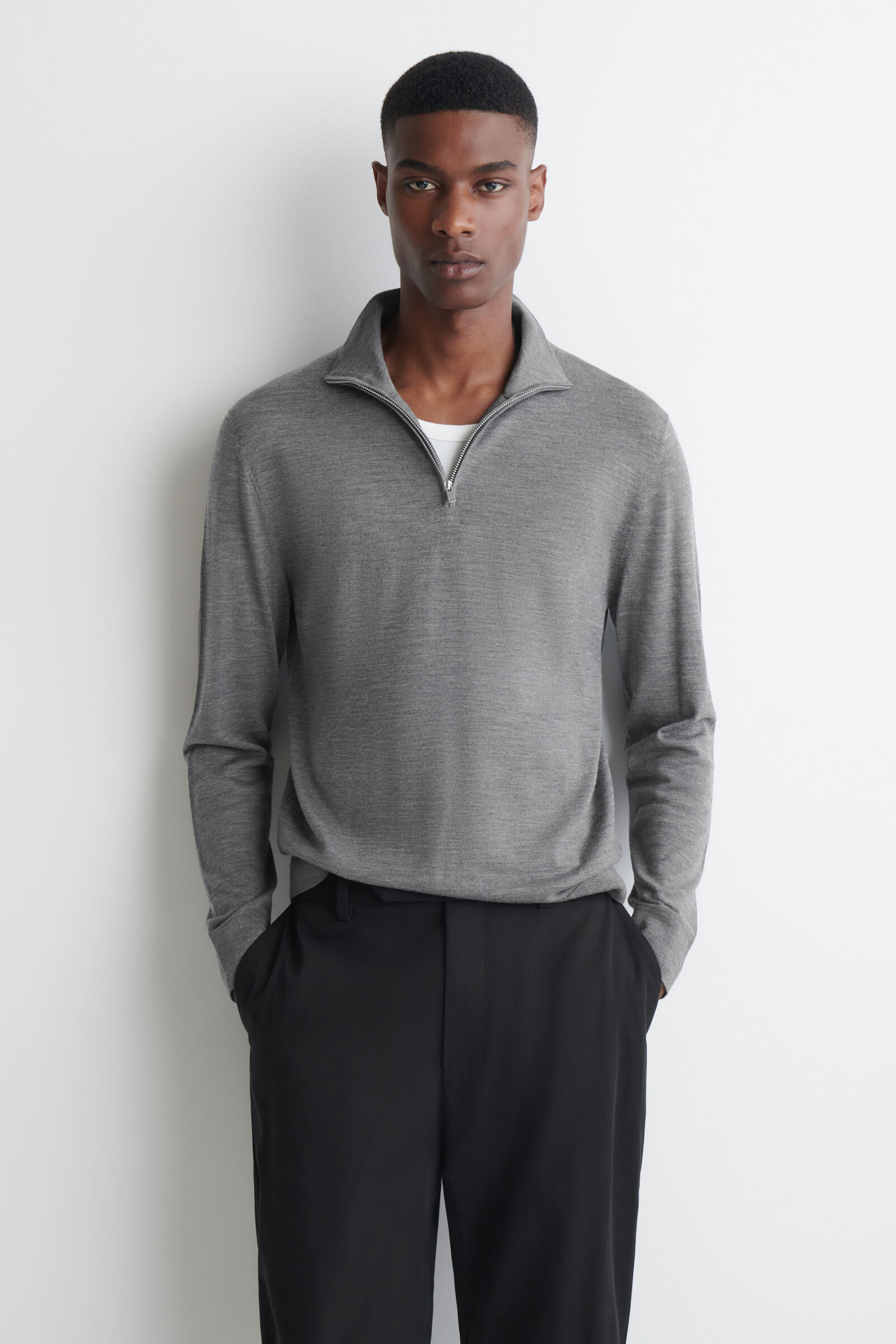 MERINO WOOL ZIP-UP FUNNEL-NECK JUMPERGREY MÉLANGE