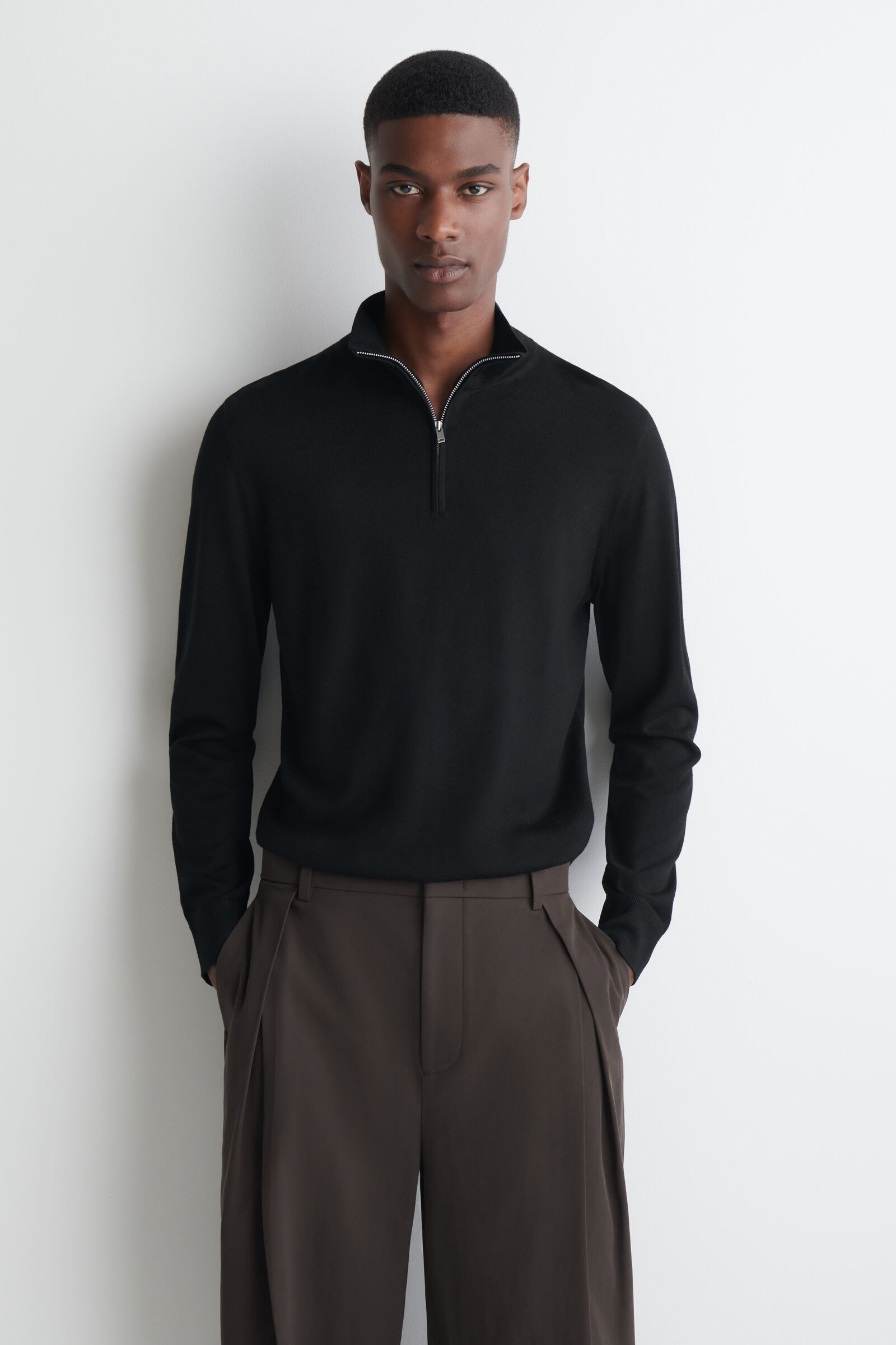 MERINO WOOL ZIP-UP FUNNEL-NECK JUMPERBLACK